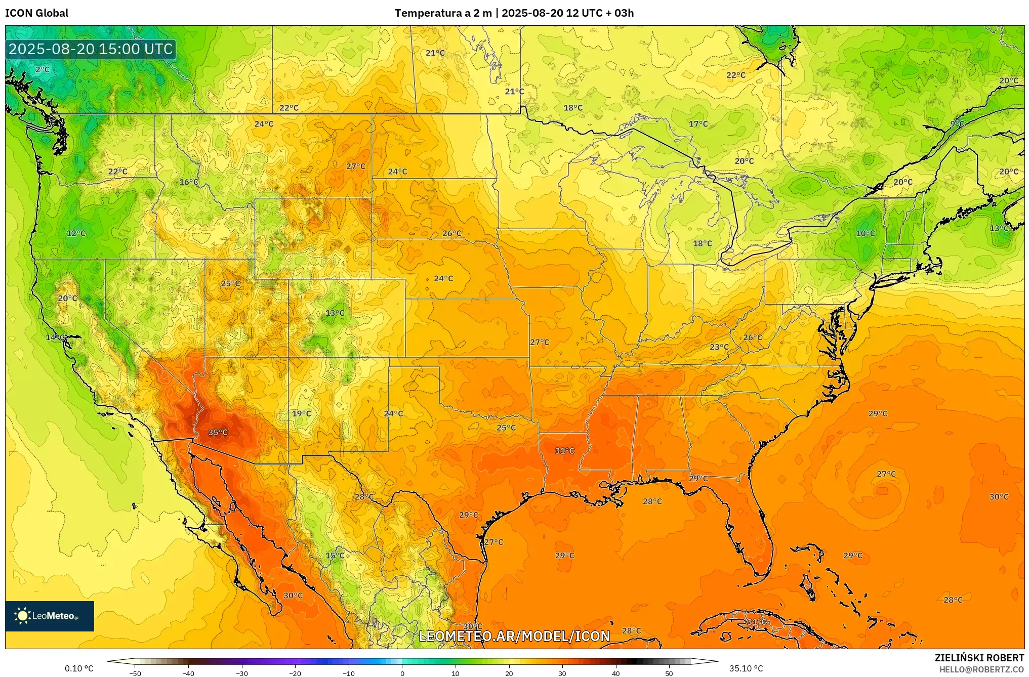 ICON model - Estados Unidos, Temperatura a 2 m