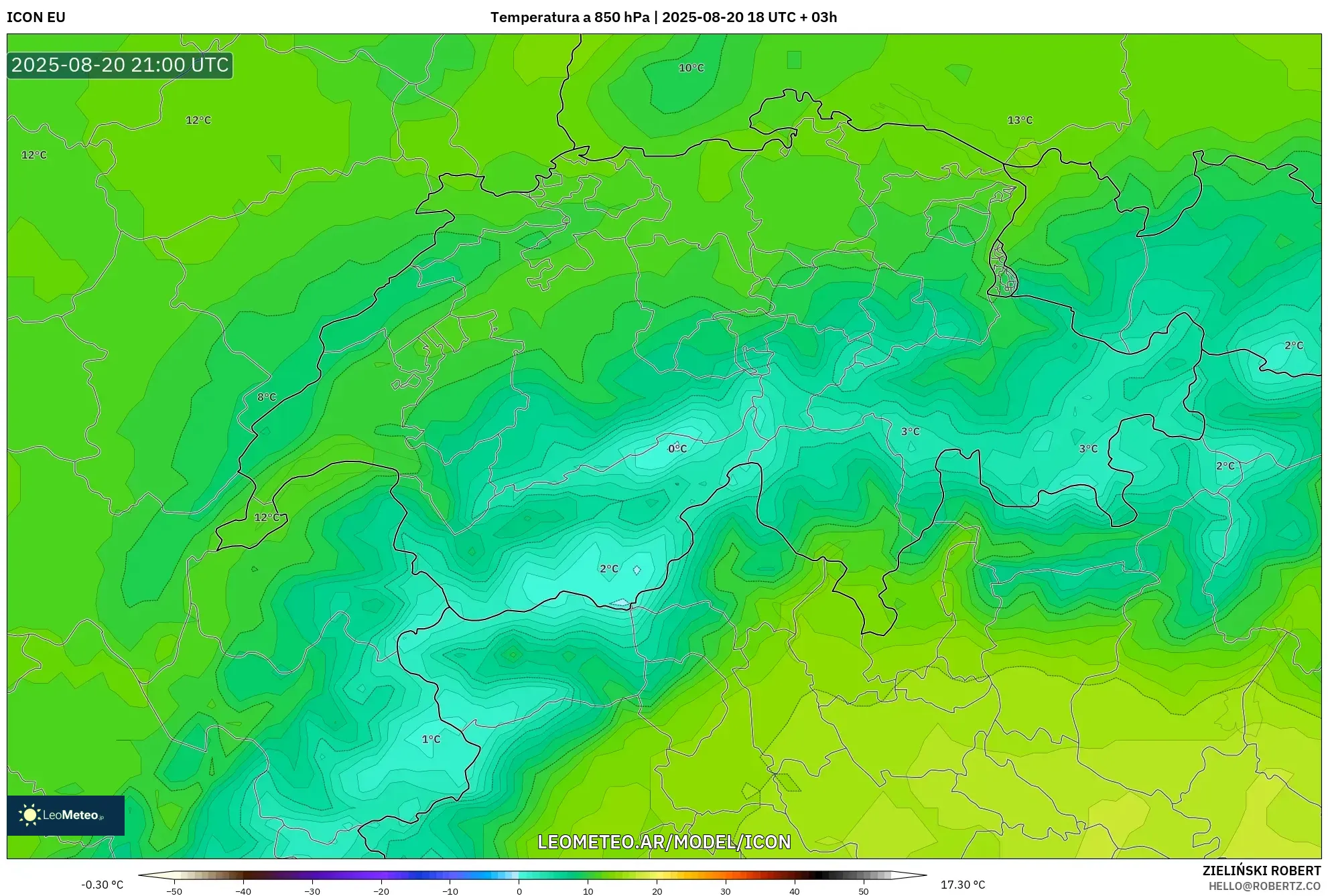 ICON model - Suiza, Temperatura a 850 hPa