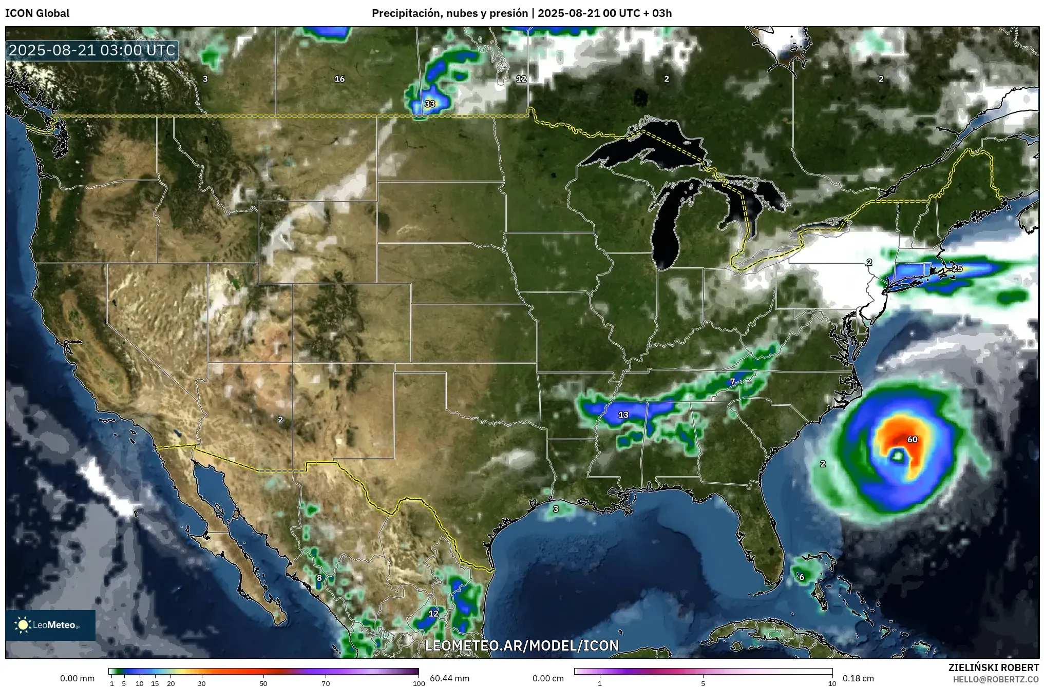 ICON model - Estados Unidos, Precipitación, nubes y presión ICON model - Estados Unidos, Precipitación, nubes y presión