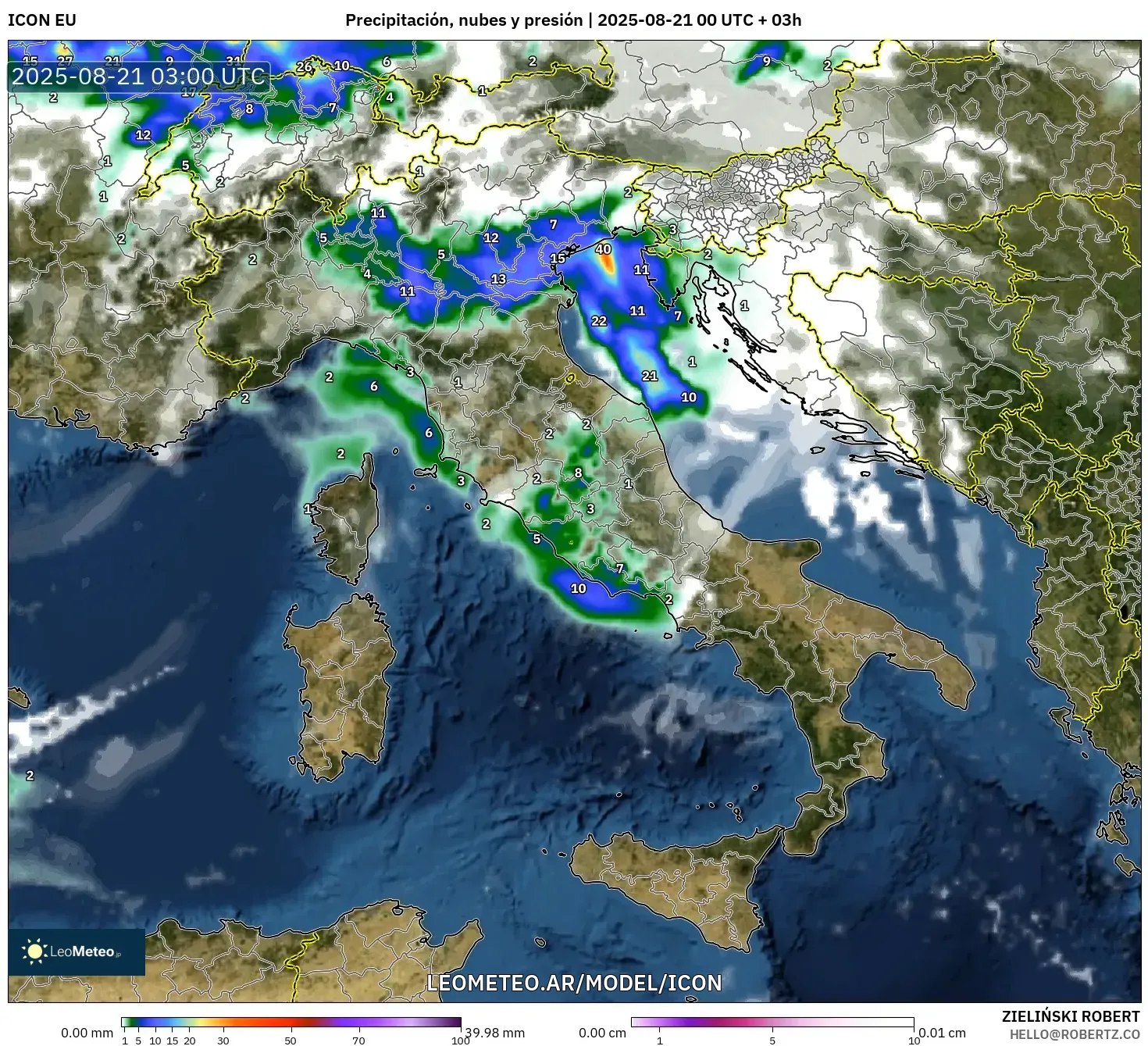 ICON model - Italia, Precipitación, nubes y presión