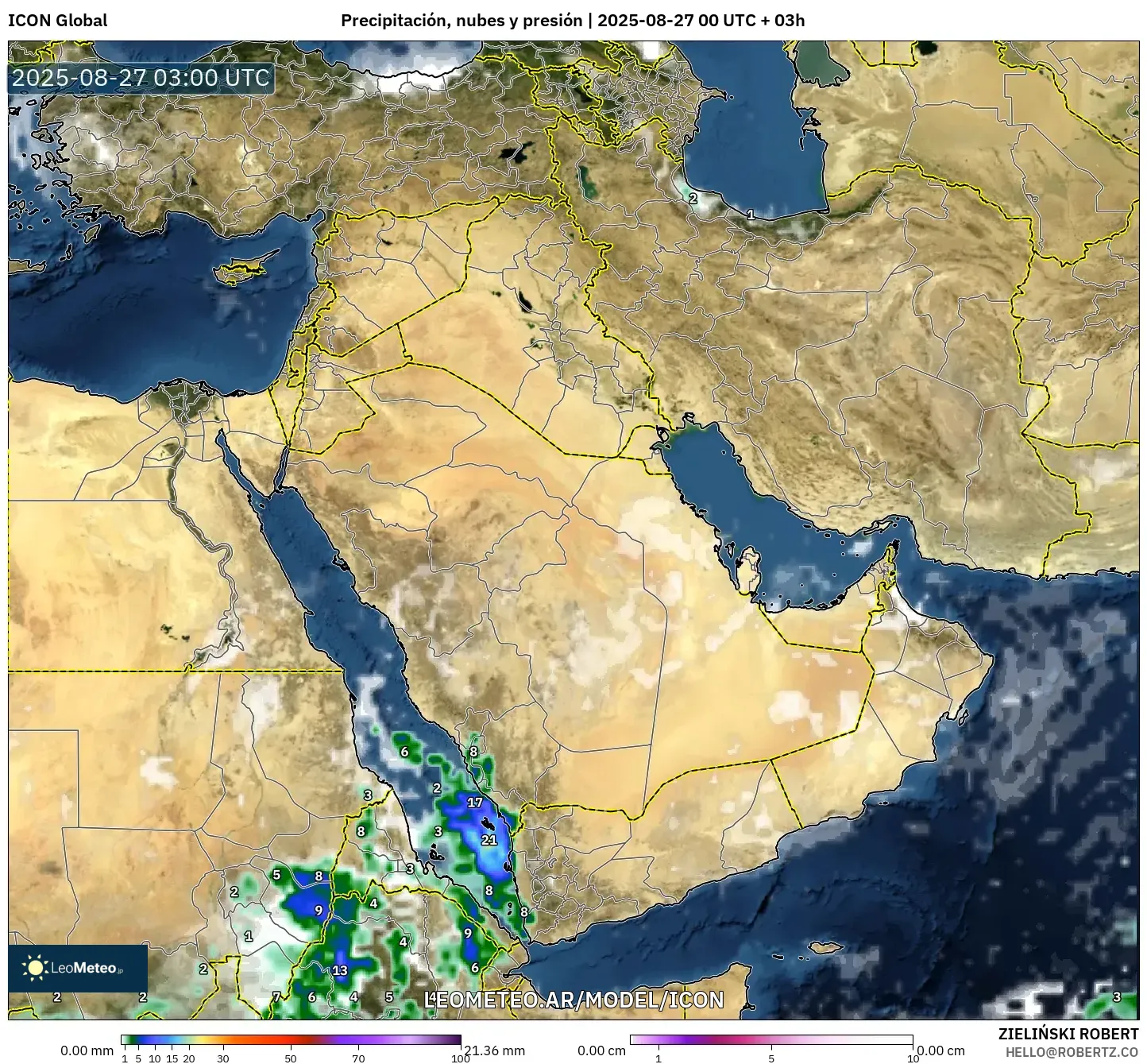 ICON model - Oriente Medio, Precipitación, nubes y presión ICON model - Oriente Medio, Precipitación, nubes y presión