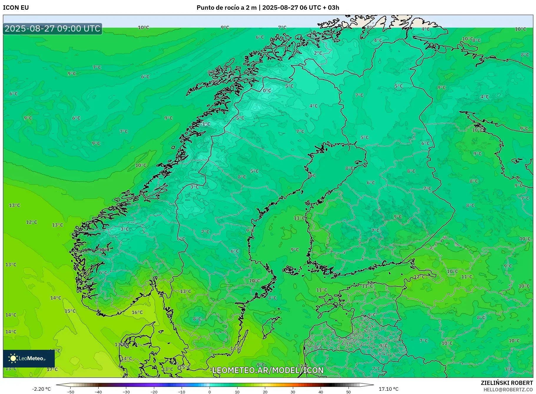 ICON model - Escandinavia, Punto de rocío a 2 m ICON model - Escandinavia, Punto de rocío a 2 m