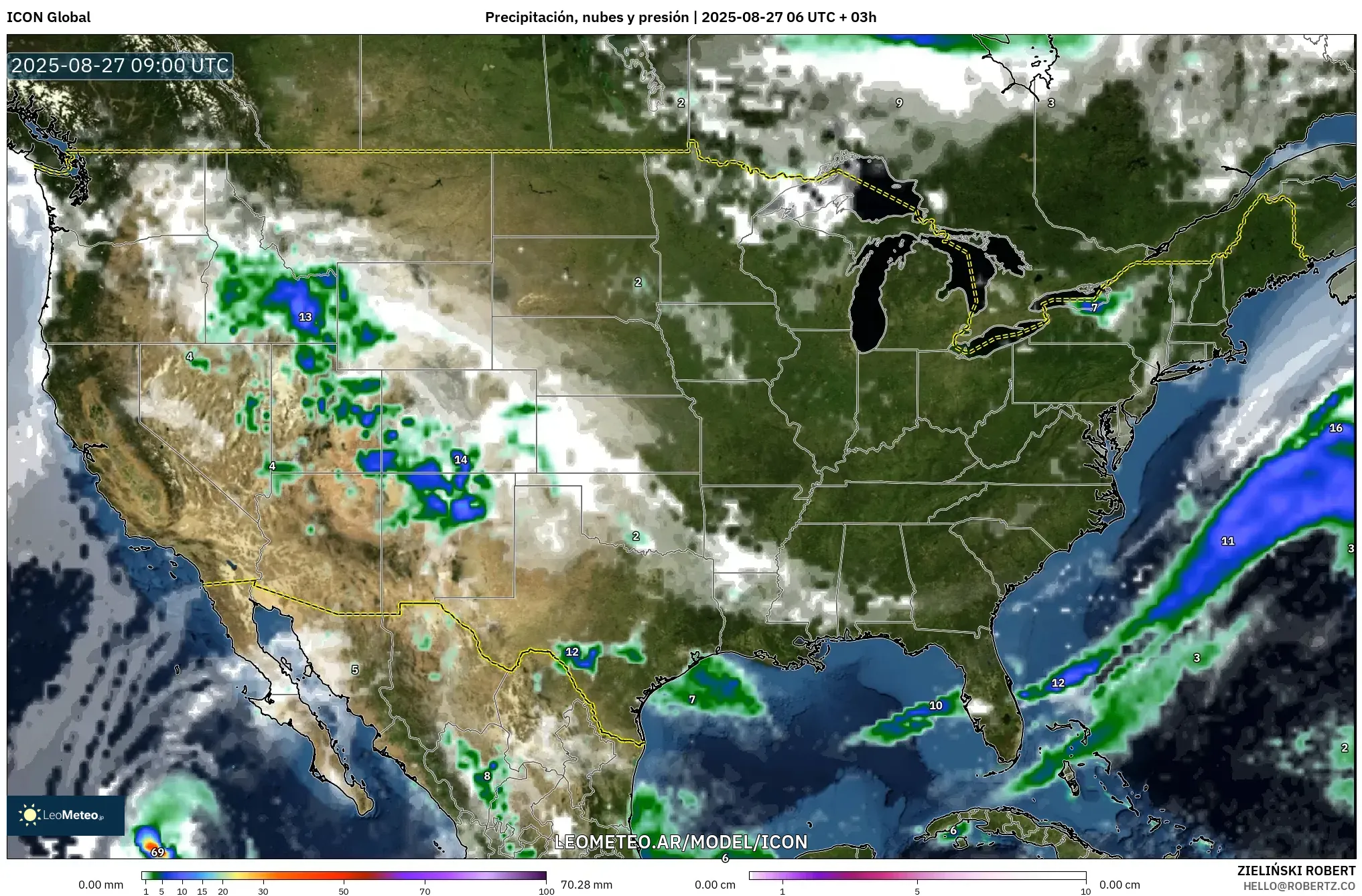 ICON model - Estados Unidos, Precipitación, nubes y presión ICON model - Estados Unidos, Precipitación, nubes y presión