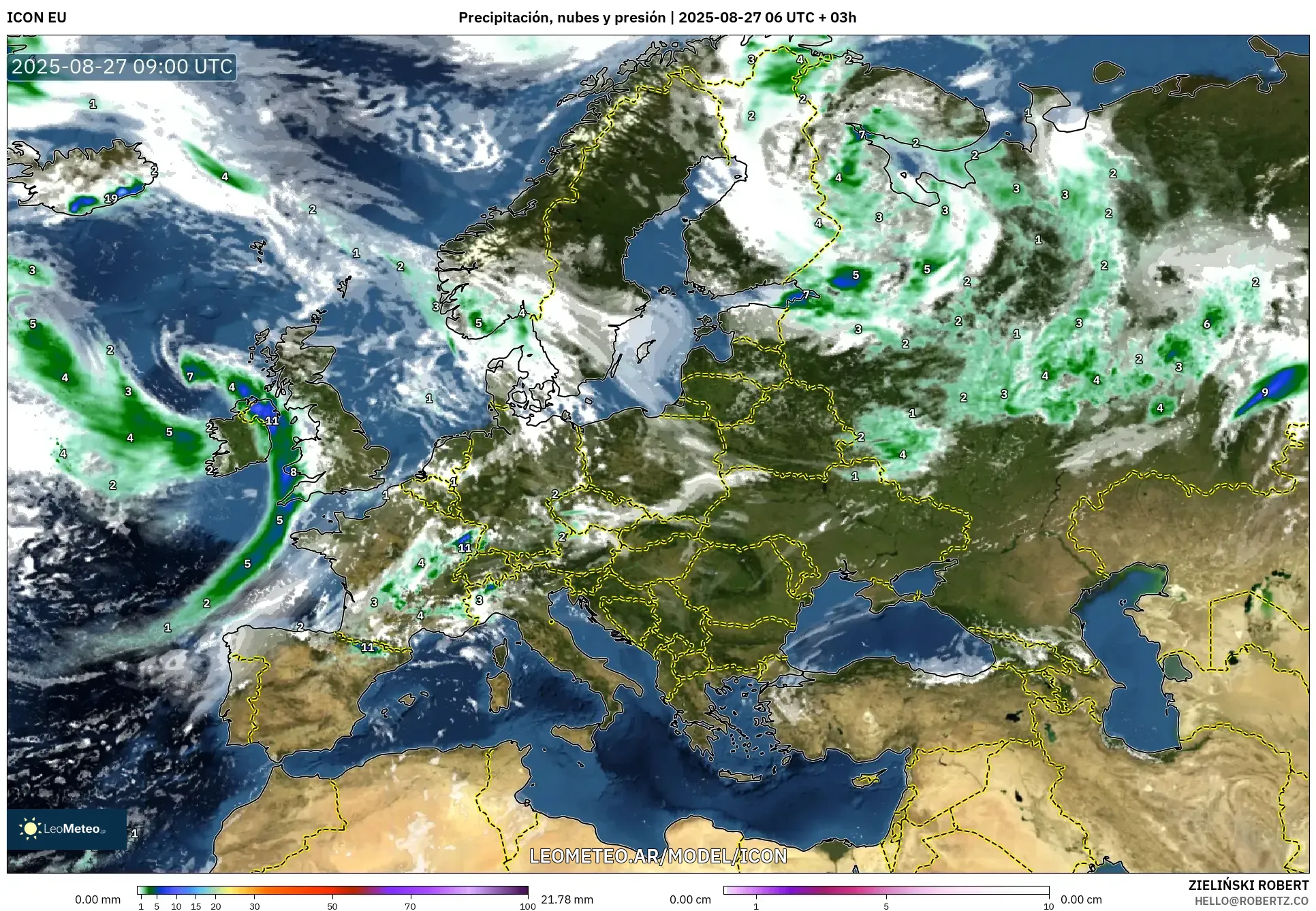 ICON model - Europa, Precipitación, nubes y presión ICON model - Europa, Precipitación, nubes y presión