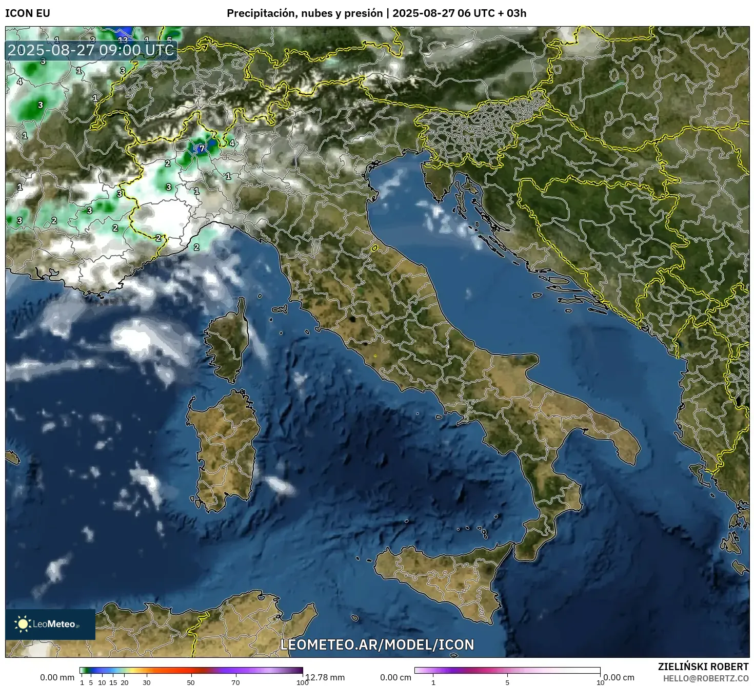 ICON model - Italia, Precipitación, nubes y presión ICON model - Italia, Precipitación, nubes y presión