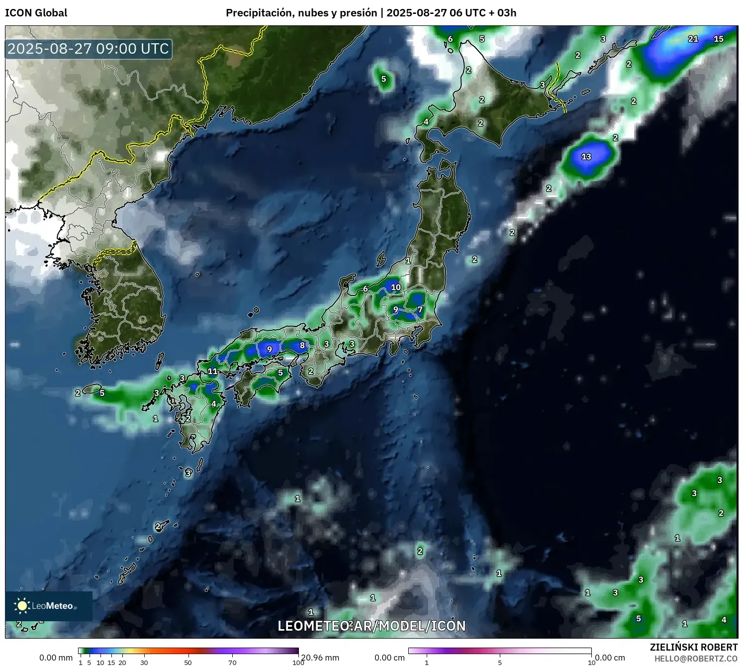 ICON model - Japón, Precipitación, nubes y presión ICON model - Japón, Precipitación, nubes y presión