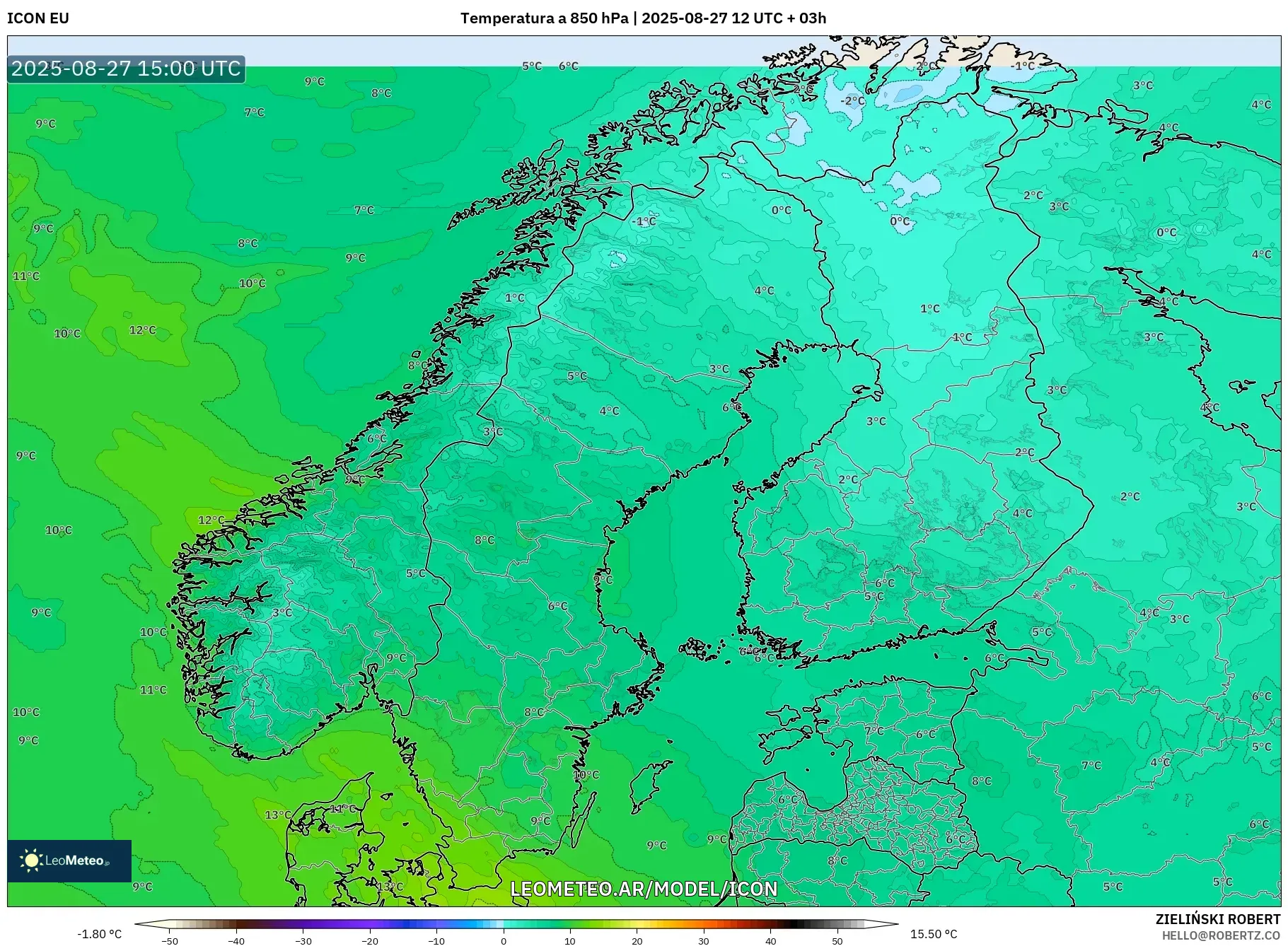 ICON model - Escandinavia, Temperatura a 850 hPa ICON model - Escandinavia, Temperatura a 850 hPa
