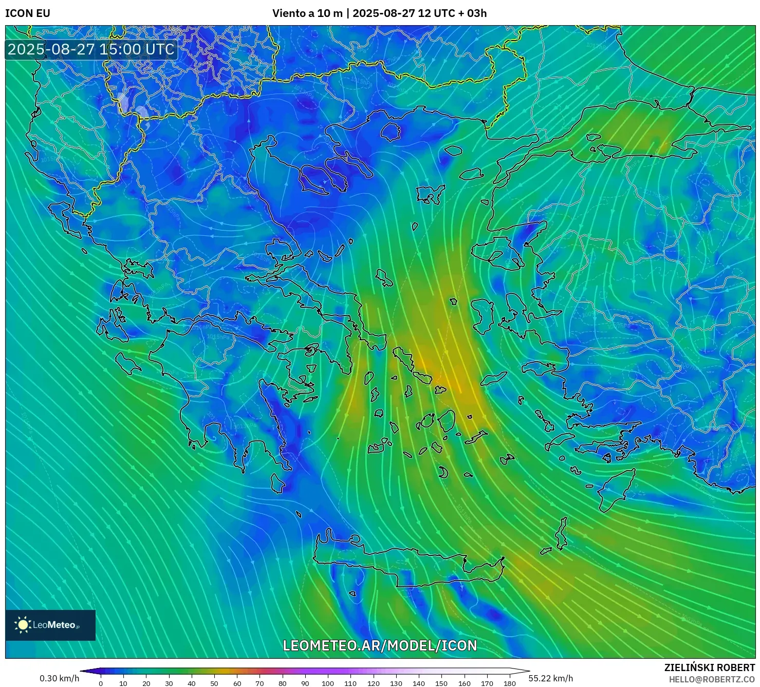 ICON model - Grecia, Viento a 10 m ICON model - Grecia, Viento a 10 m