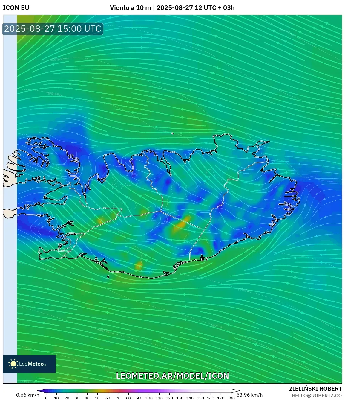 ICON model - Islandia, Viento a 10 m
