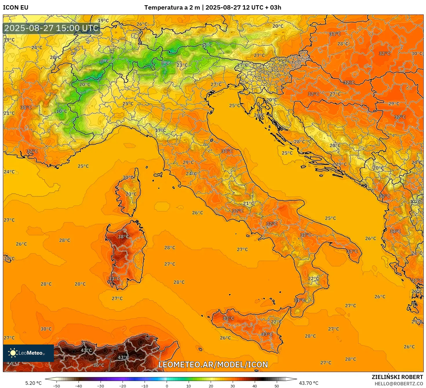 ICON model - Italia, Temperatura a 2 m ICON model - Italia, Temperatura a 2 m