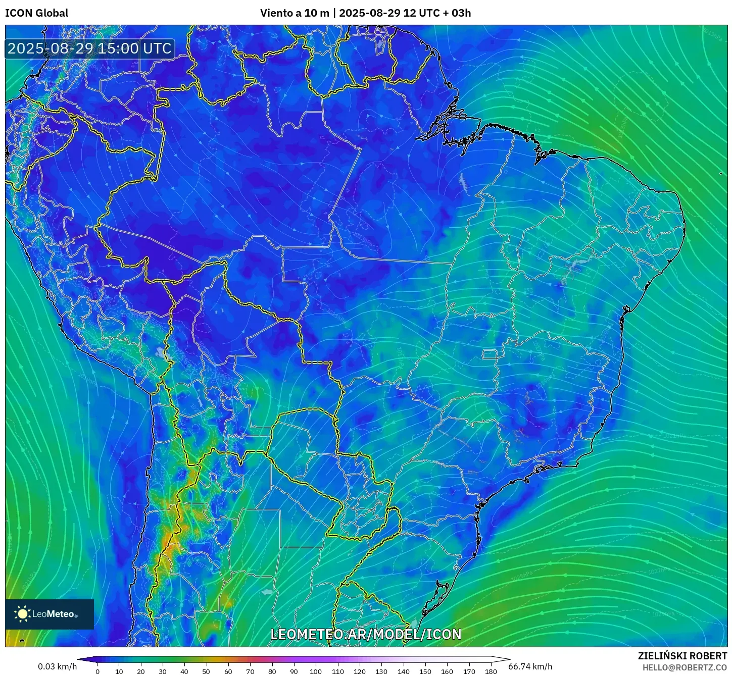 ICON model - Brasil, Viento a 10 m ICON model - Brasil, Viento a 10 m