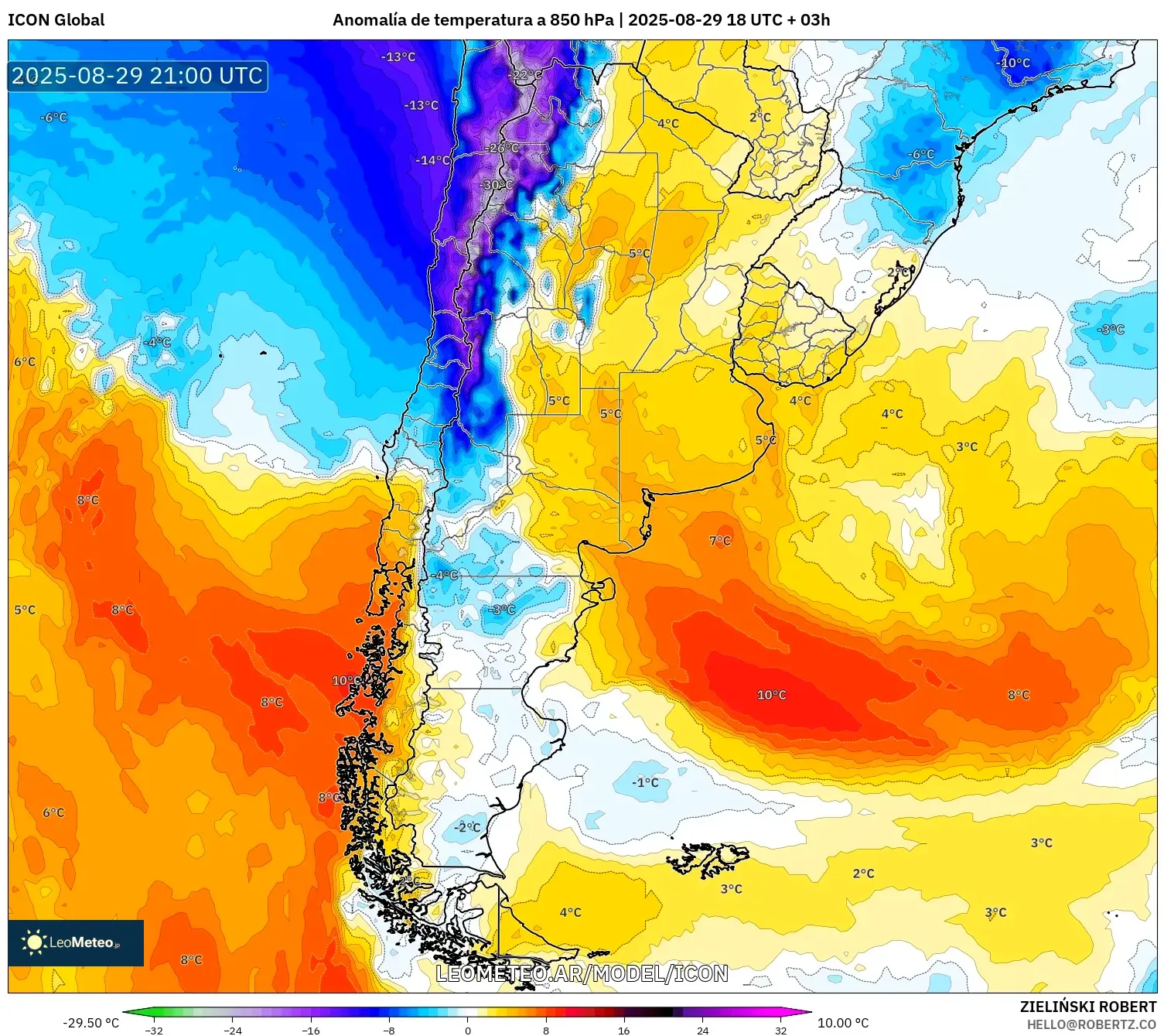 ICON model - Argentina, Anomalía de temperatura a 850 hPa ICON model - Argentina, Anomalía de temperatura a 850 hPa
