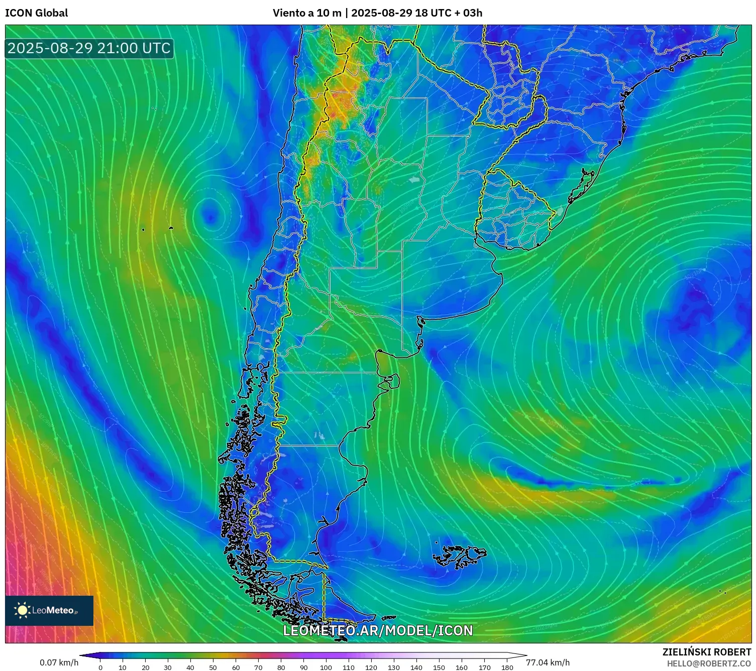 ICON model - Argentina, Viento a 10 m ICON model - Argentina, Viento a 10 m