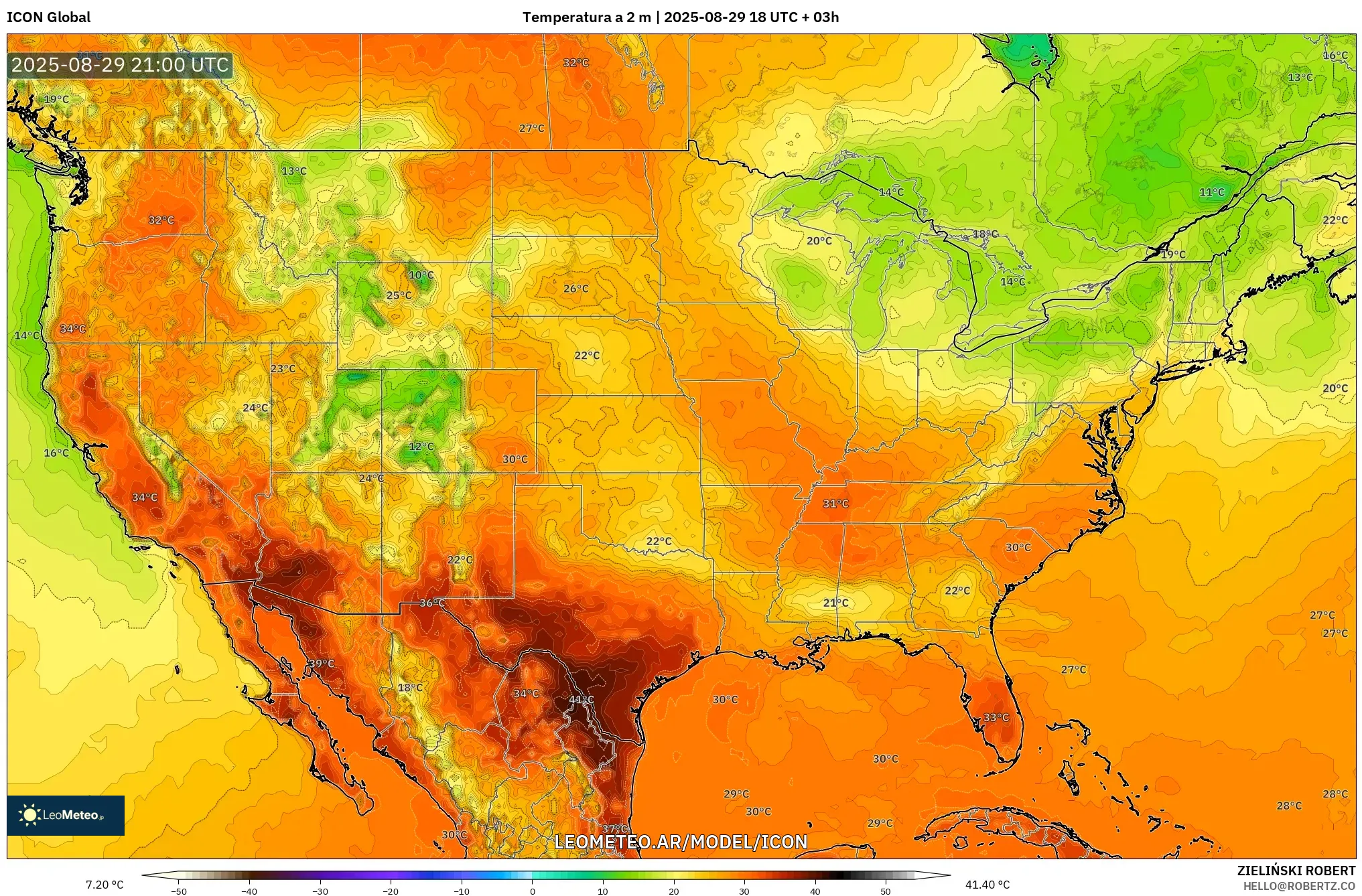 ICON model - Estados Unidos, Temperatura a 2 m ICON model - Estados Unidos, Temperatura a 2 m