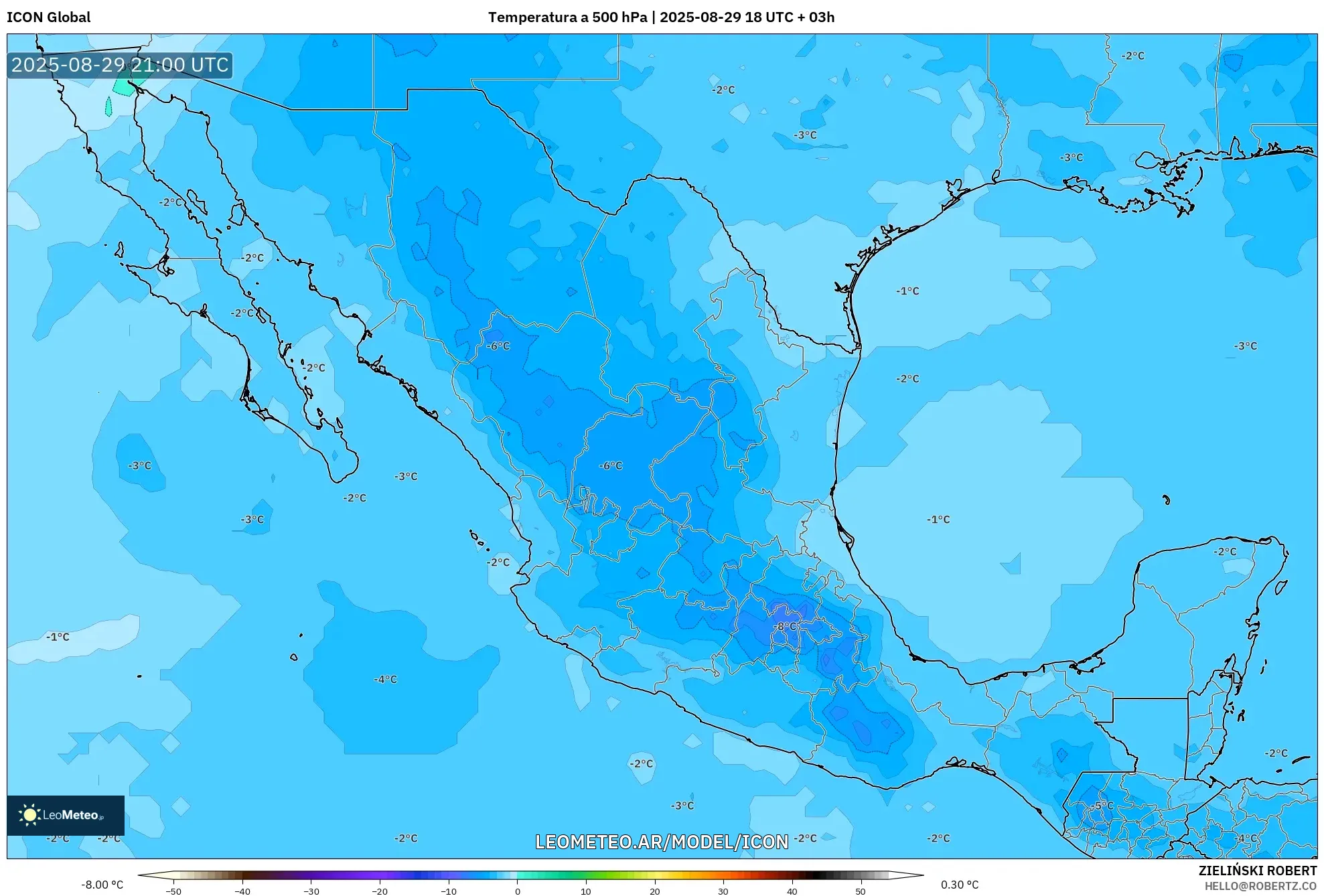 ICON model - México, Temperatura a 500 hPa ICON model - México, Temperatura a 500 hPa