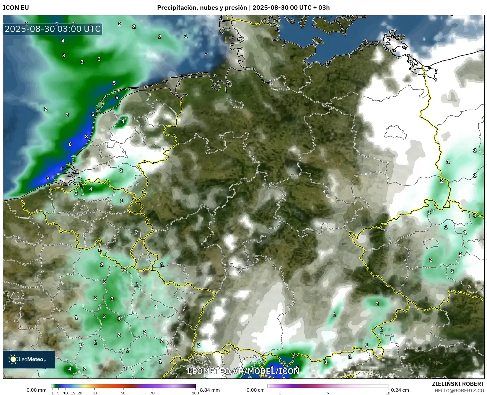 ICON model - Alemania, Precipitación, nubes y presión ICON model - Alemania, Precipitación, nubes y presión
