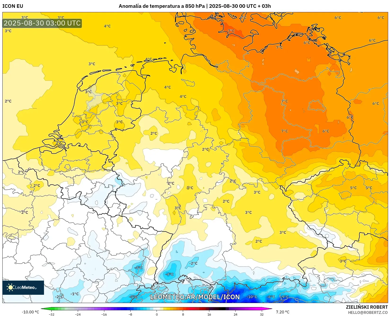 ICON model - Alemania, Anomalía de temperatura a 850 hPa ICON model - Alemania, Anomalía de temperatura a 850 hPa