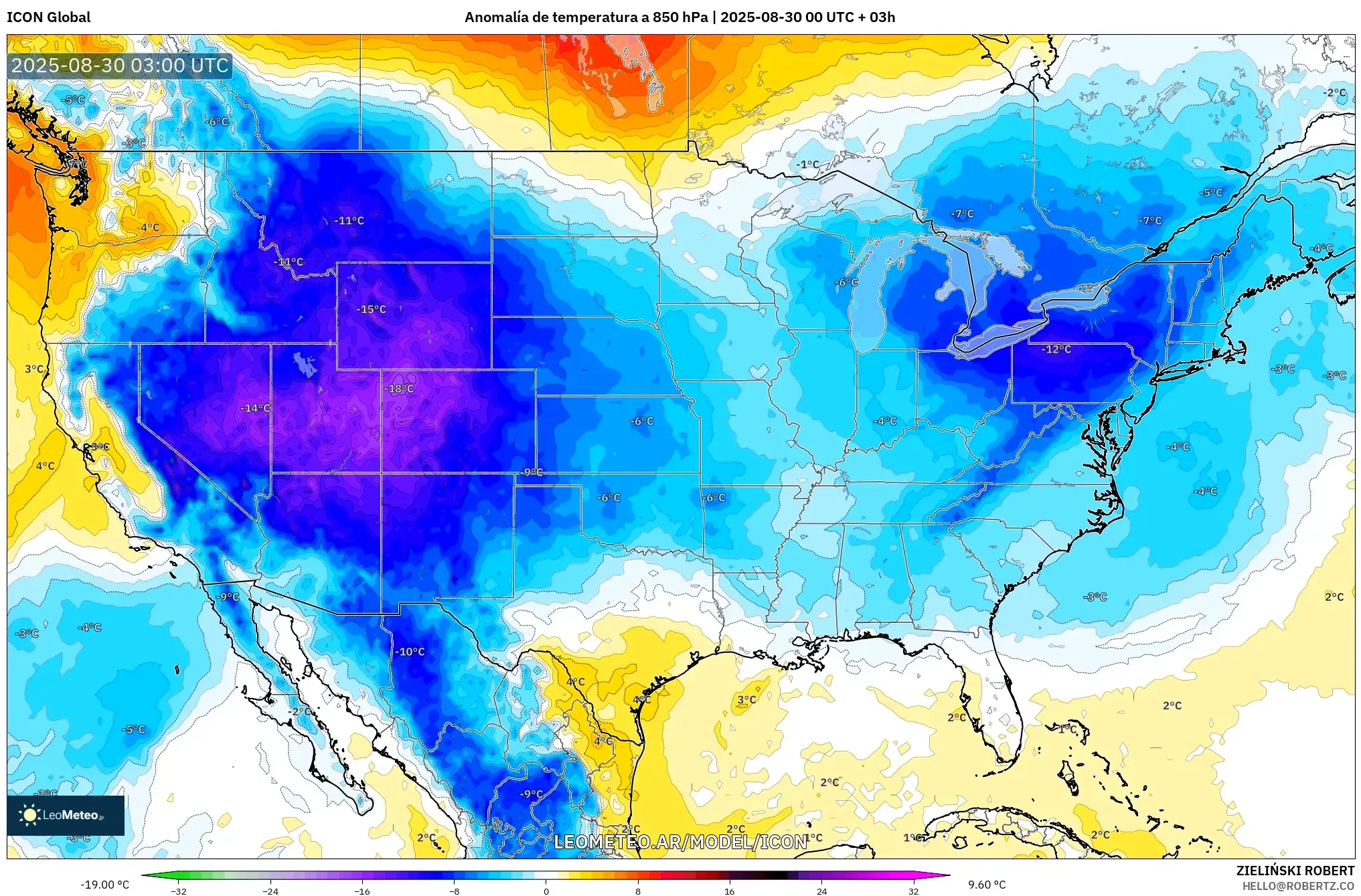 ICON model - Estados Unidos, Anomalía de temperatura a 850 hPa ICON model - Estados Unidos, Anomalía de temperatura a 850 hPa