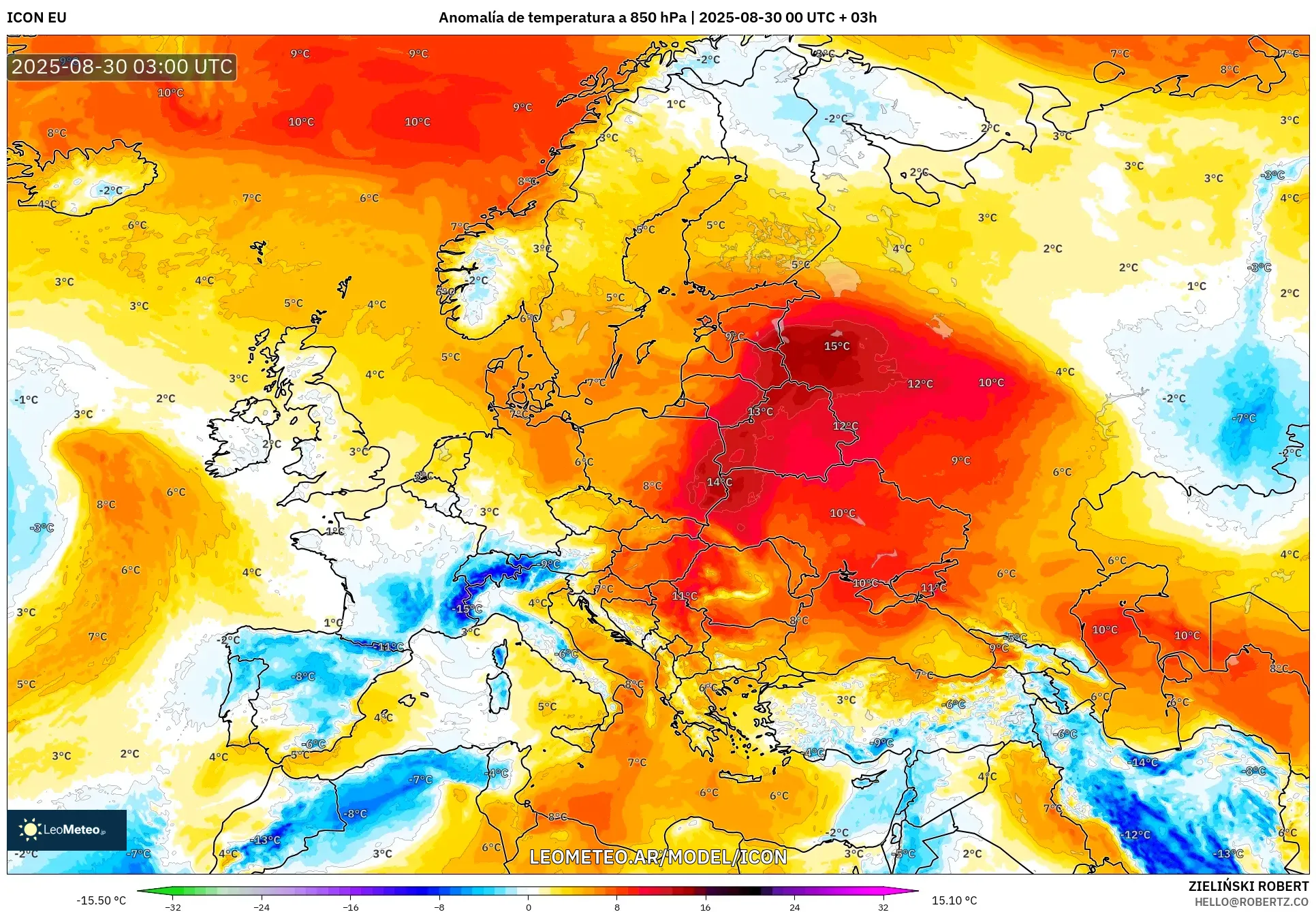 ICON model - Europa, Anomalía de temperatura a 850 hPa ICON model - Europa, Anomalía de temperatura a 850 hPa
