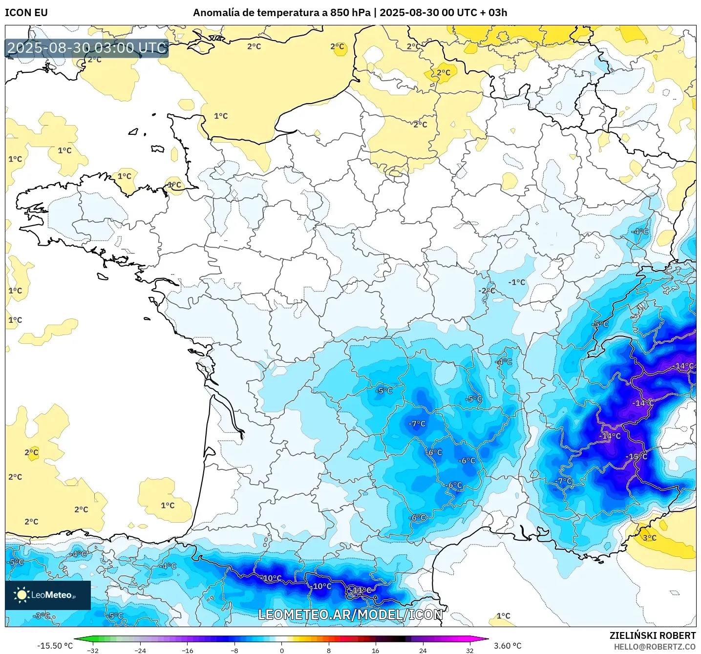 ICON model - Francia, Anomalía de temperatura a 850 hPa ICON model - Francia, Anomalía de temperatura a 850 hPa