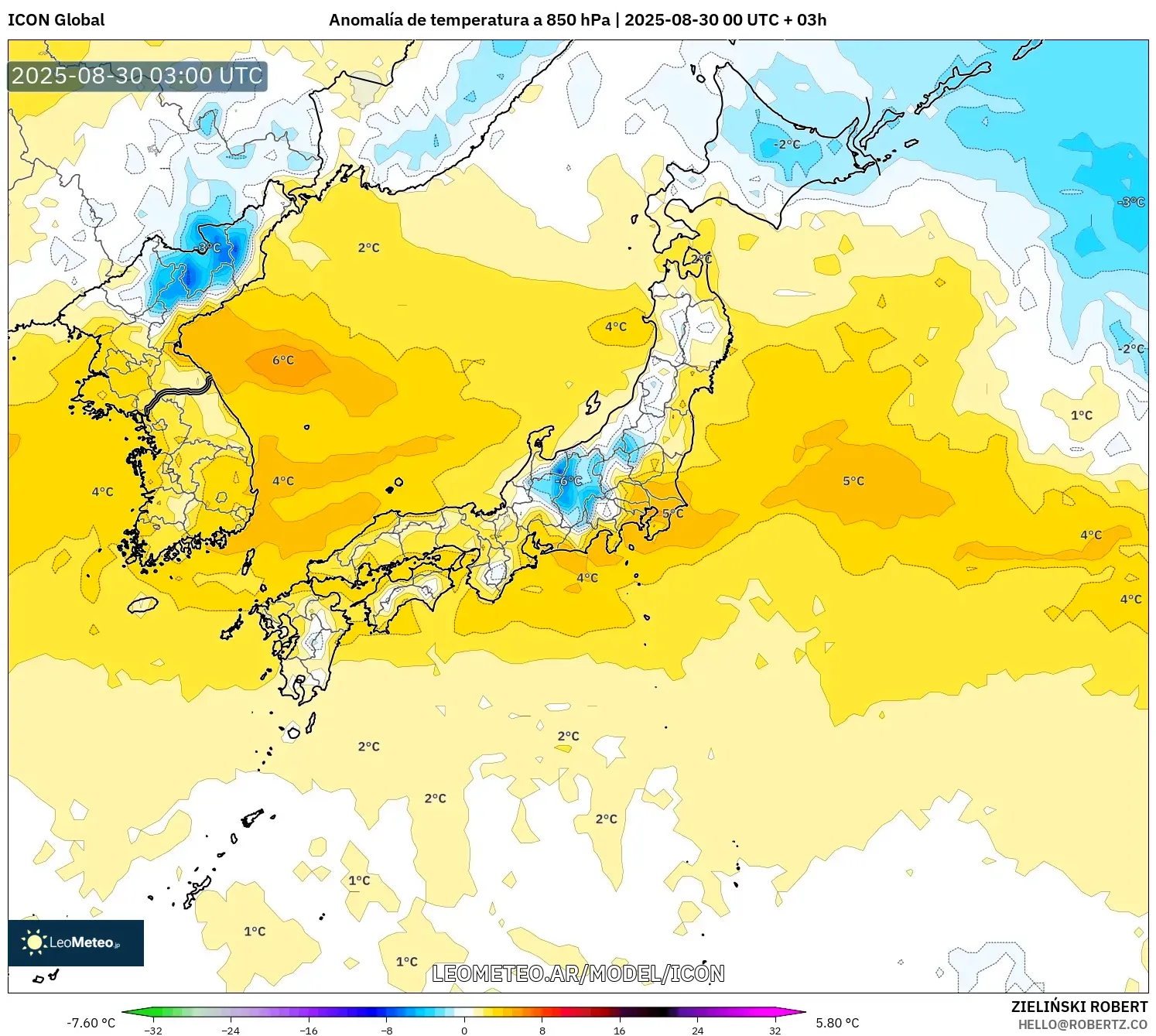 ICON model - Japón, Anomalía de temperatura a 850 hPa ICON model - Japón, Anomalía de temperatura a 850 hPa