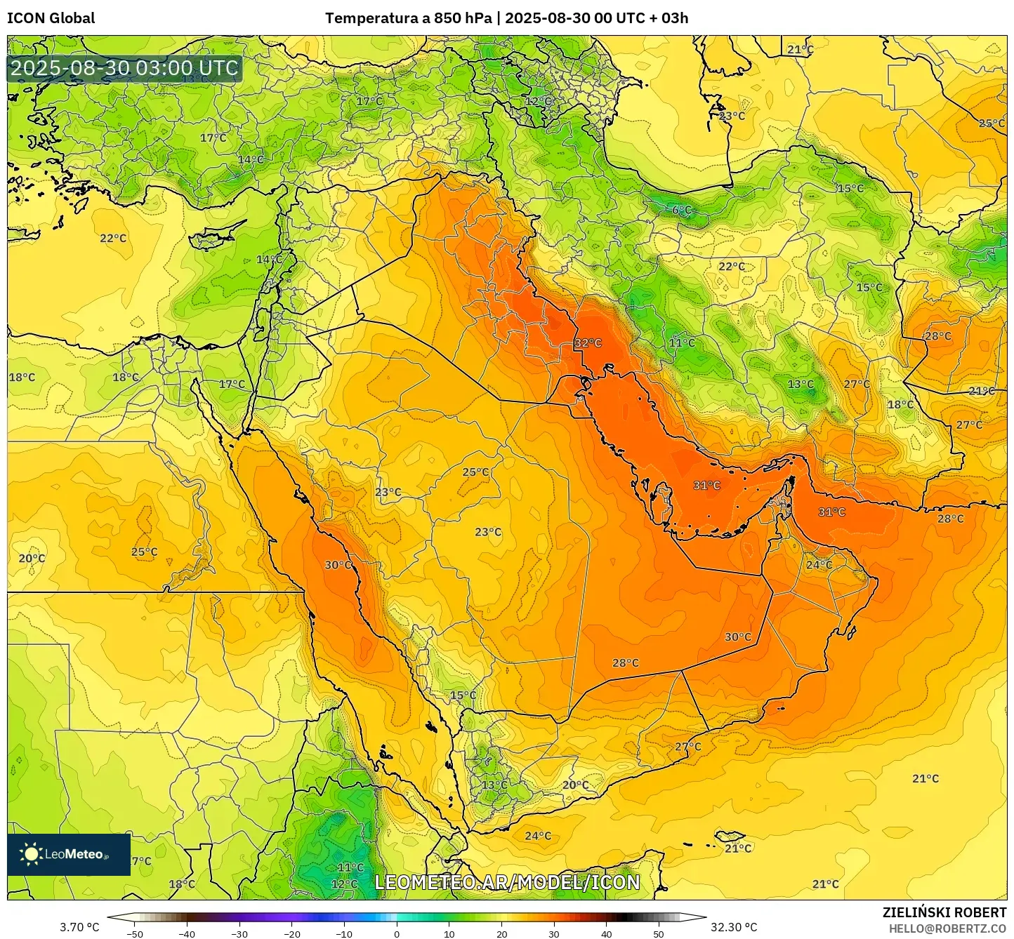 ICON model - Oriente Medio, Temperatura a 850 hPa ICON model - Oriente Medio, Temperatura a 850 hPa