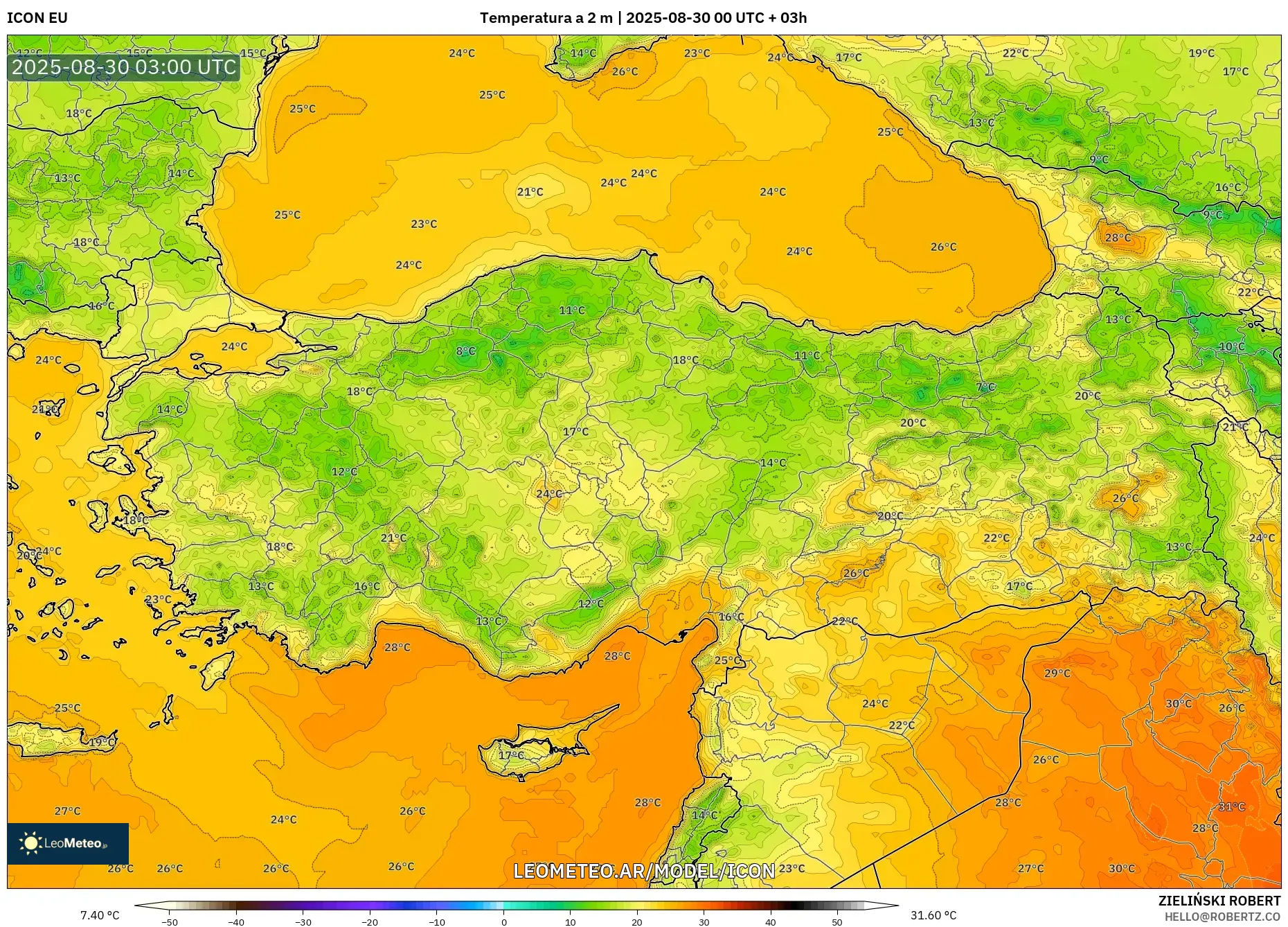 ICON model - Turquía, Temperatura a 2 m ICON model - Turquía, Temperatura a 2 m