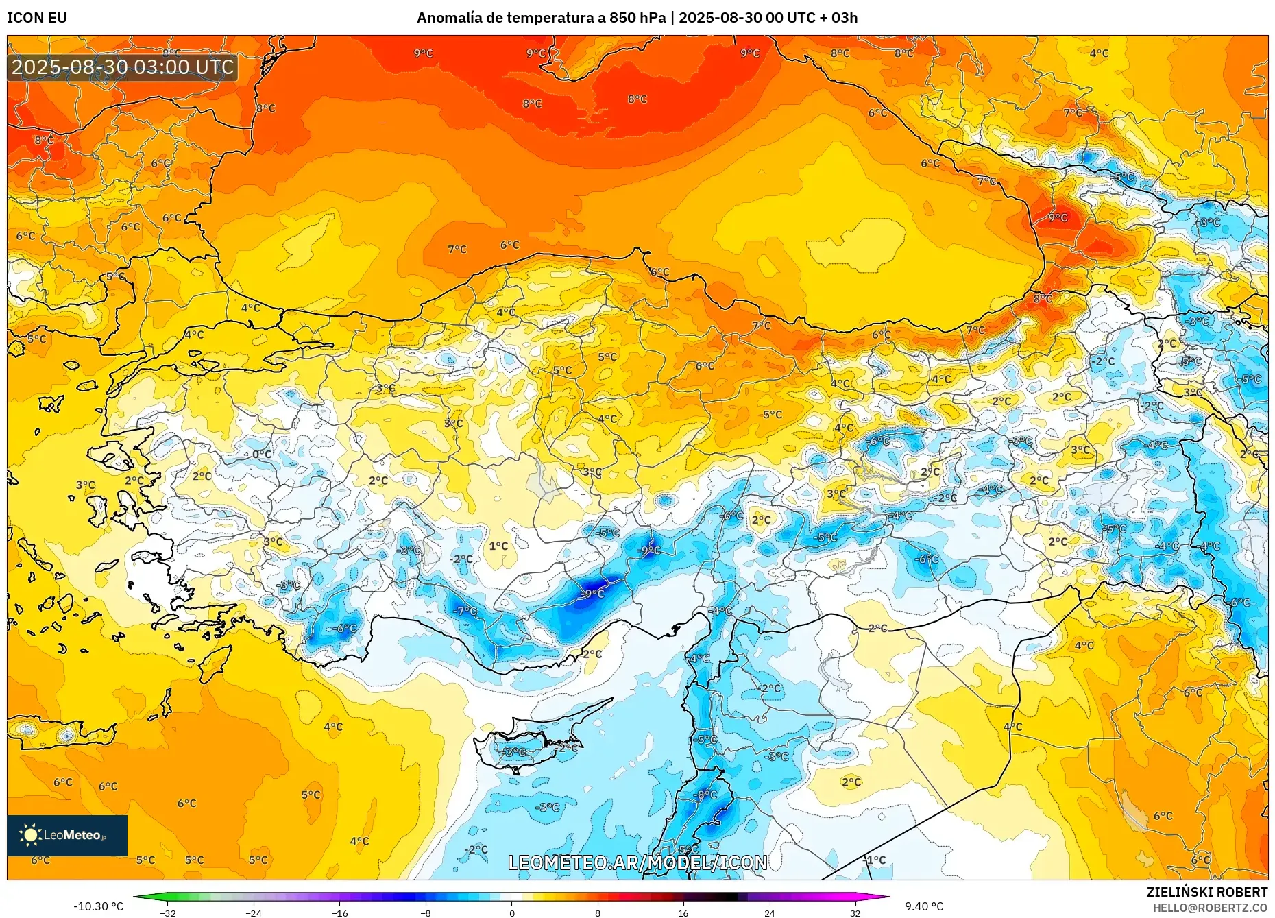 ICON model - Turquía, Anomalía de temperatura a 850 hPa ICON model - Turquía, Anomalía de temperatura a 850 hPa
