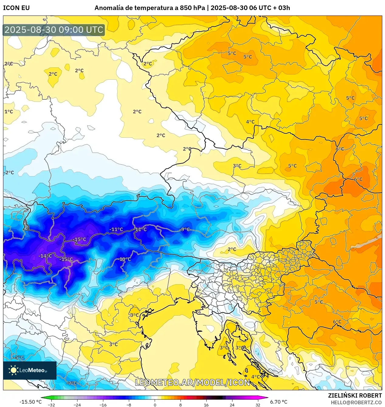 ICON model - Austria, Anomalía de temperatura a 850 hPa