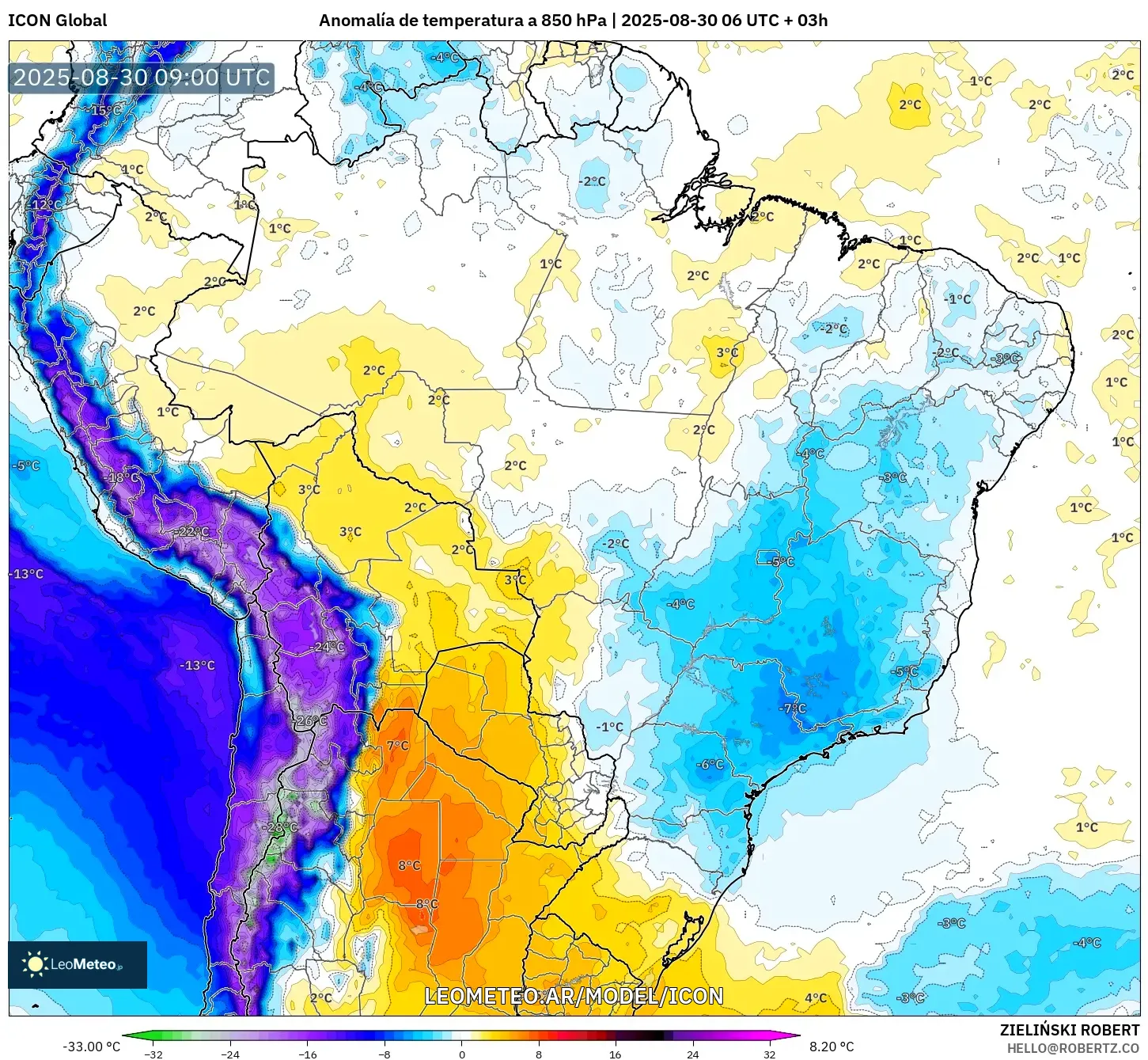 ICON model - Brasil, Anomalía de temperatura a 850 hPa ICON model - Brasil, Anomalía de temperatura a 850 hPa