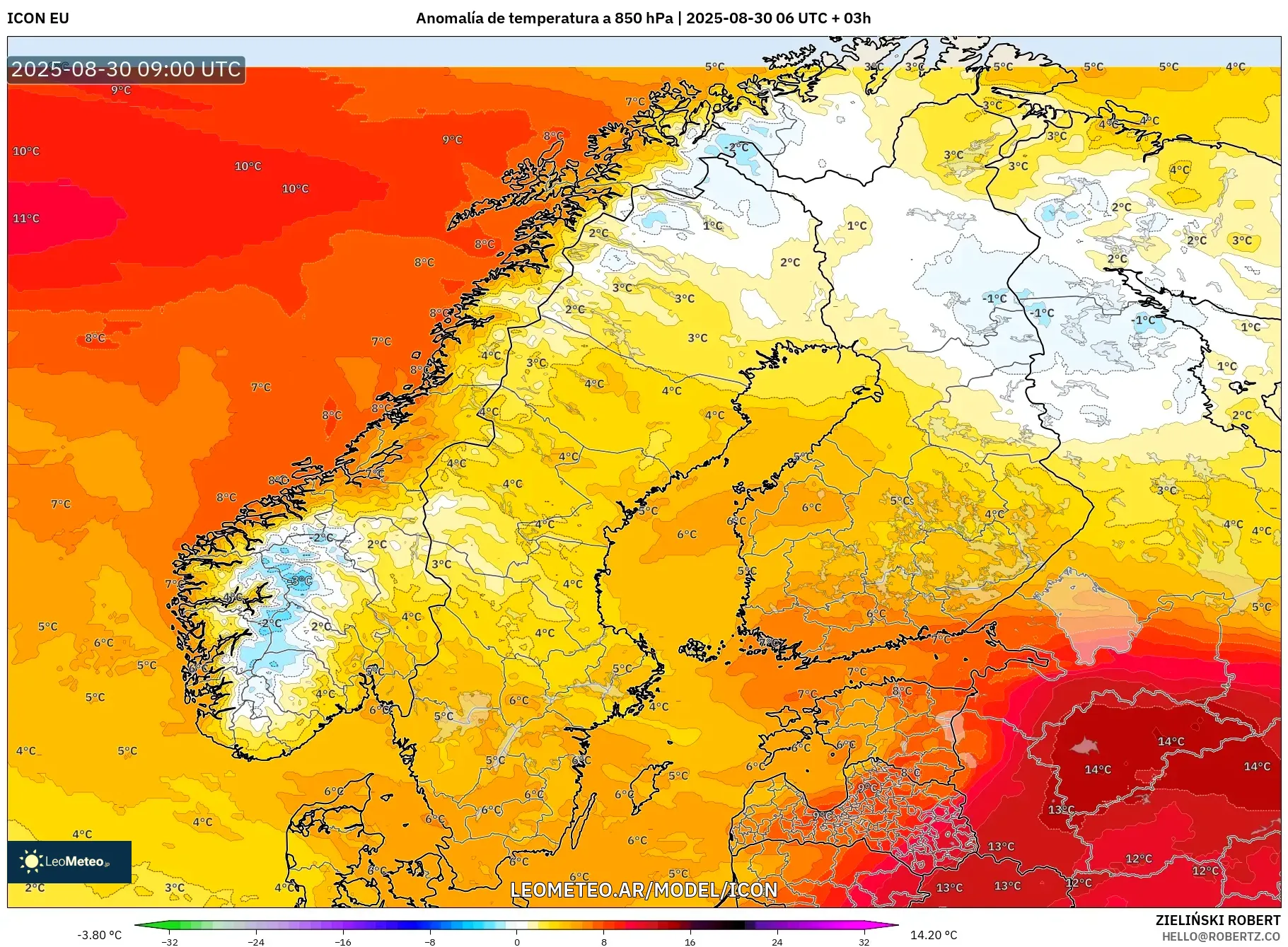 ICON model - Escandinavia, Anomalía de temperatura a 850 hPa ICON model - Escandinavia, Anomalía de temperatura a 850 hPa