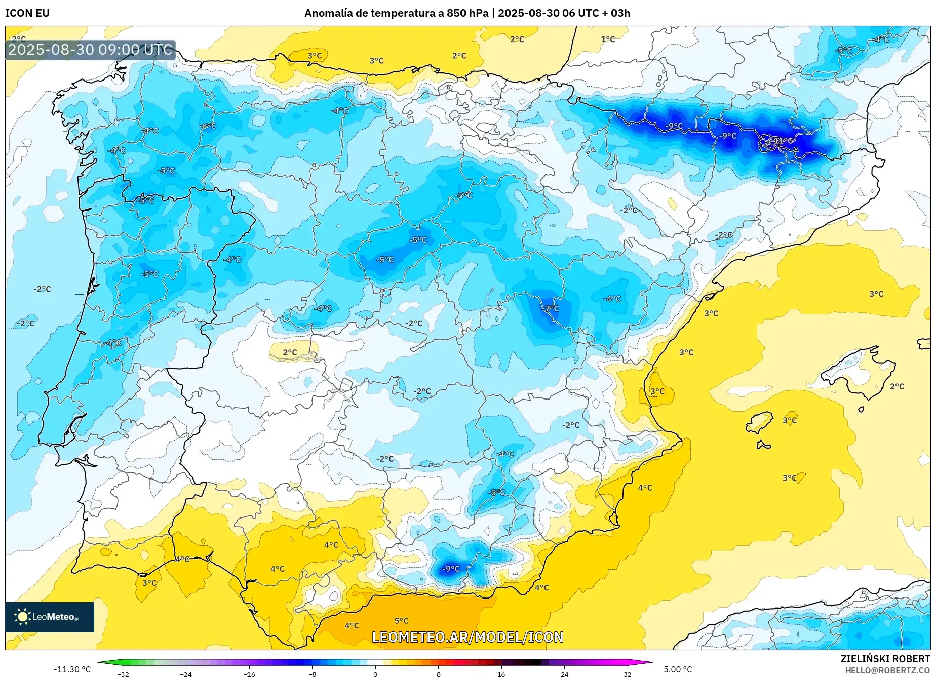 ICON model - España, Anomalía de temperatura a 850 hPa ICON model - España, Anomalía de temperatura a 850 hPa