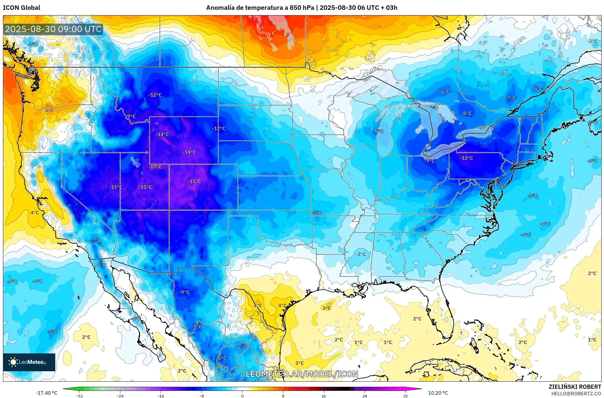 ICON model - Estados Unidos, Anomalía de temperatura a 850 hPa