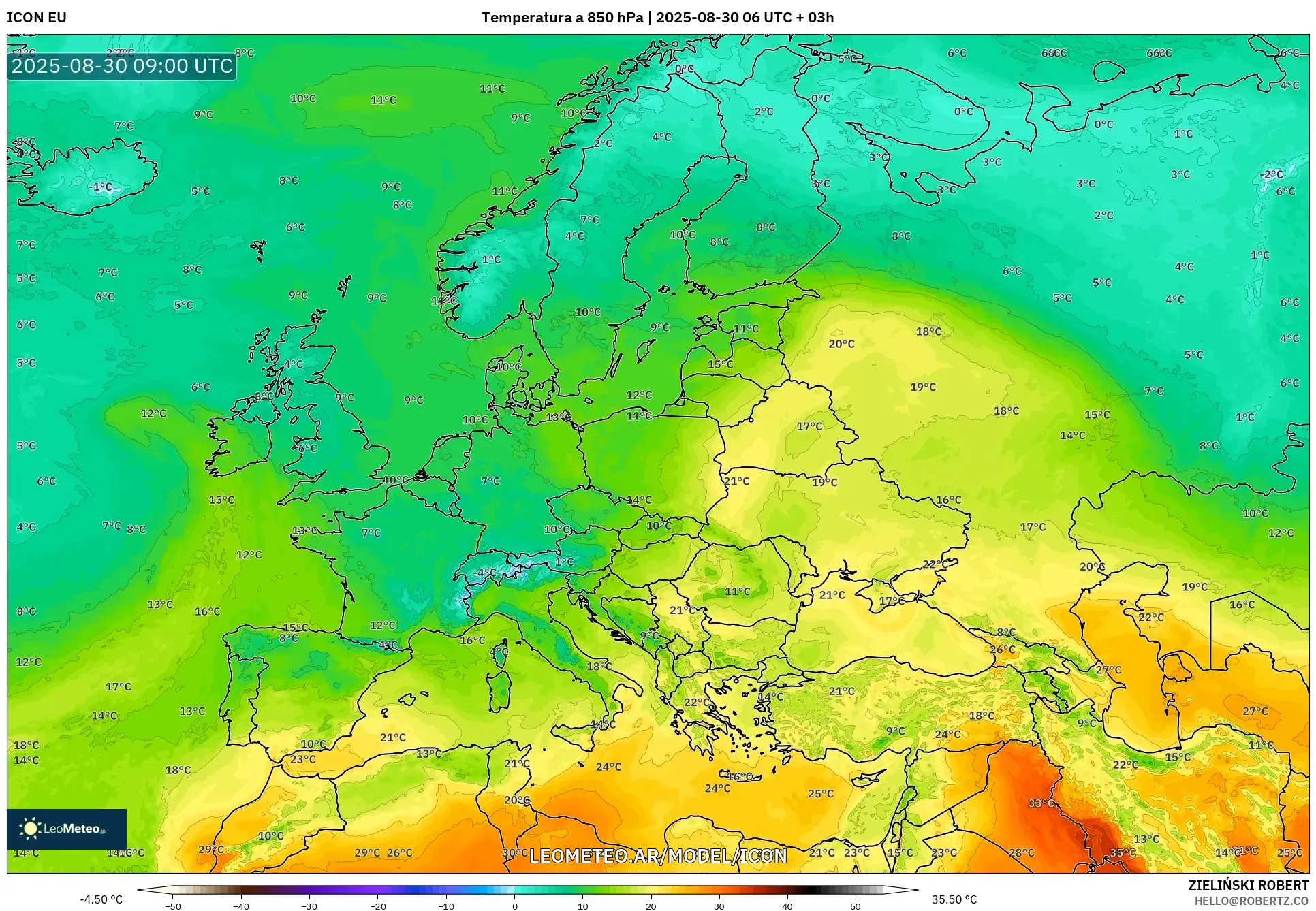 ICON model - Europa, Temperatura a 850 hPa ICON model - Europa, Temperatura a 850 hPa