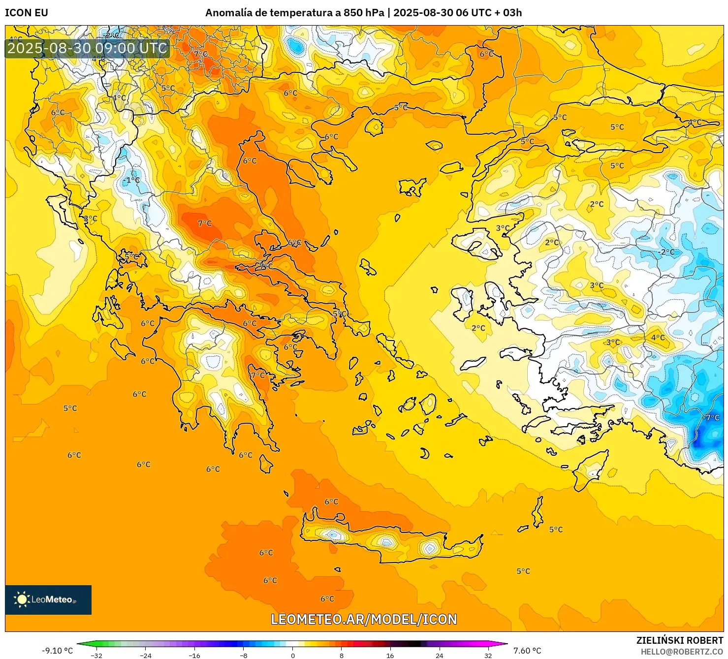 ICON model - Grecia, Anomalía de temperatura a 850 hPa ICON model - Grecia, Anomalía de temperatura a 850 hPa