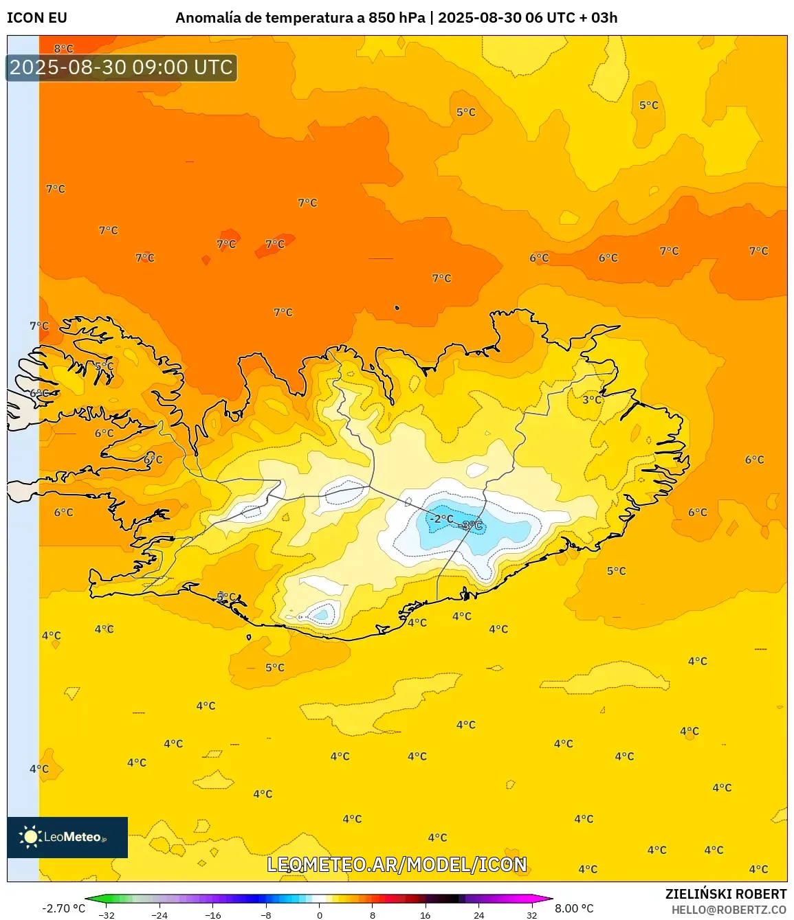 ICON model - Islandia, Anomalía de temperatura a 850 hPa