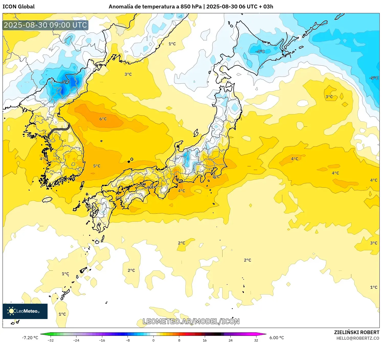 ICON model - Japón, Anomalía de temperatura a 850 hPa ICON model - Japón, Anomalía de temperatura a 850 hPa
