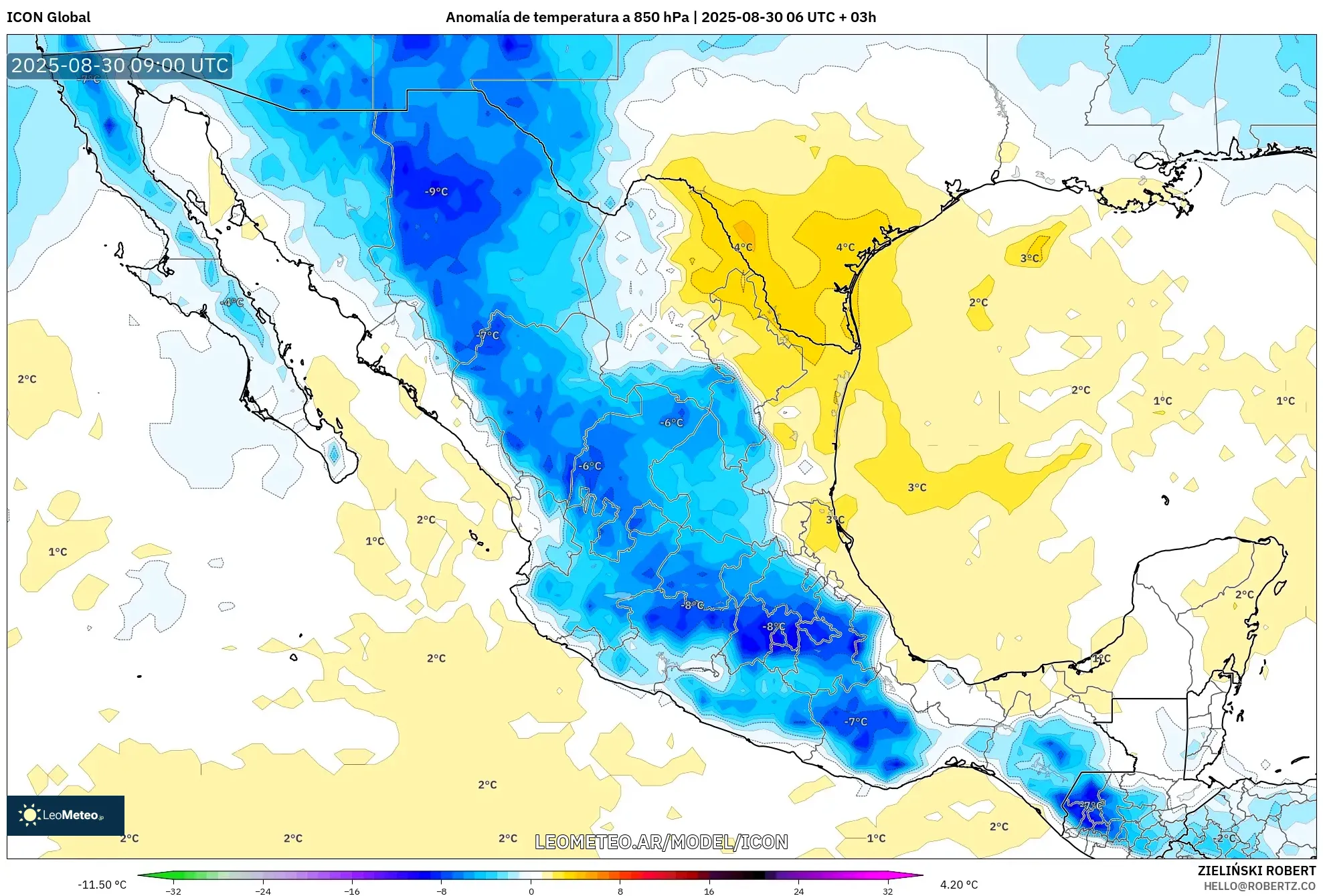 ICON model - México, Anomalía de temperatura a 850 hPa ICON model - México, Anomalía de temperatura a 850 hPa