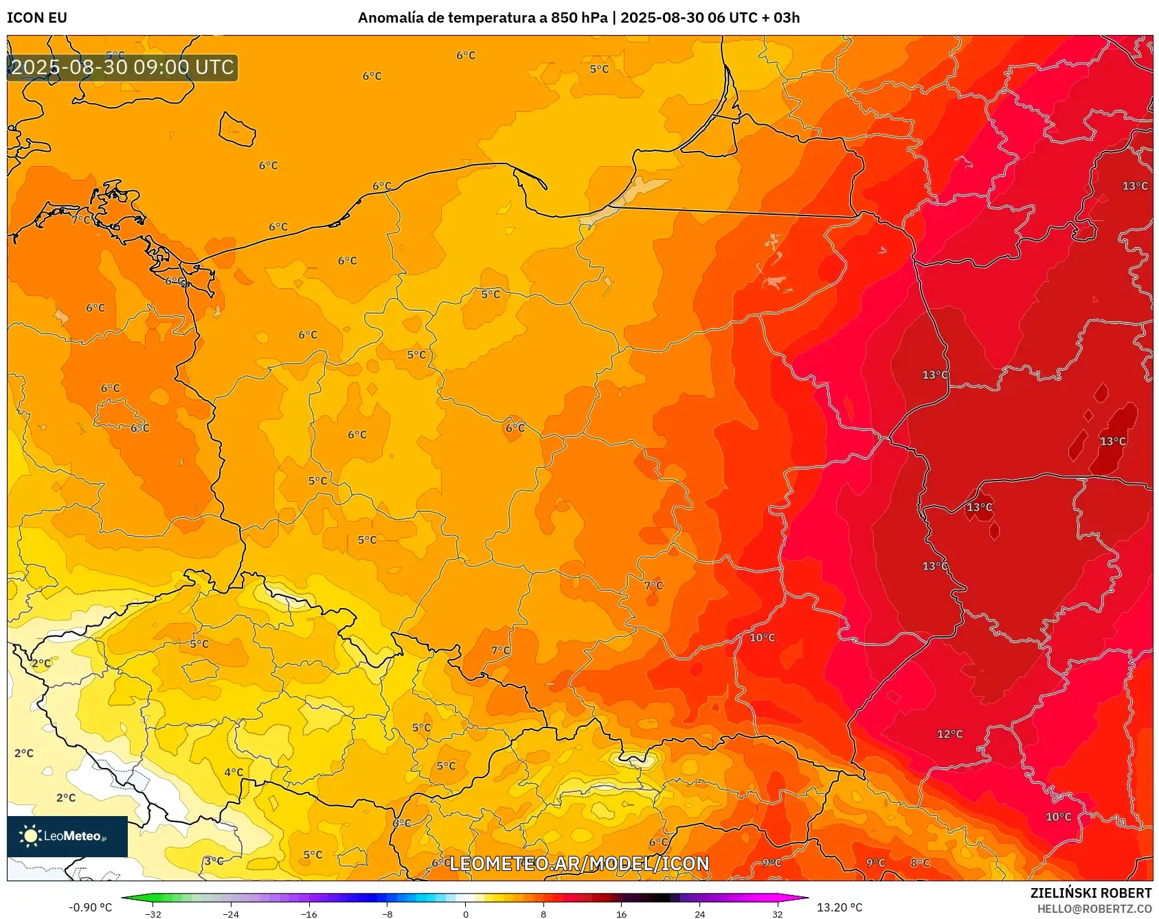 ICON model - Polonia, Anomalía de temperatura a 850 hPa ICON model - Polonia, Anomalía de temperatura a 850 hPa