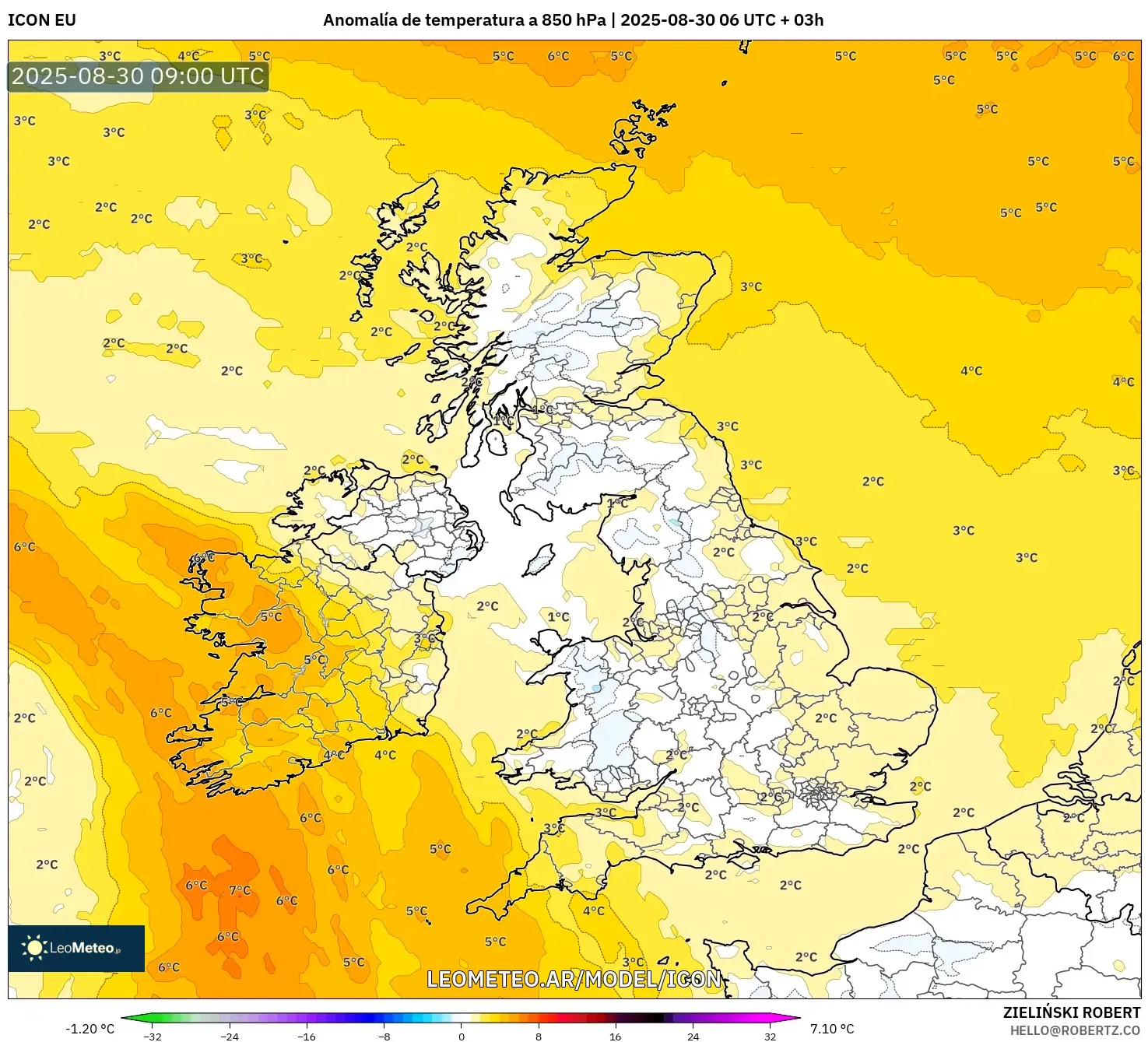 ICON model - Reino Unido, Anomalía de temperatura a 850 hPa