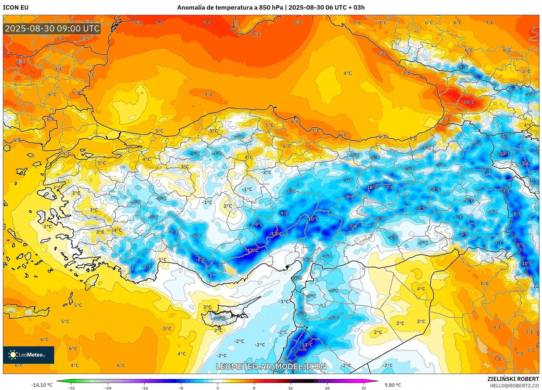 ICON model - Turquía, Anomalía de temperatura a 850 hPa ICON model - Turquía, Anomalía de temperatura a 850 hPa