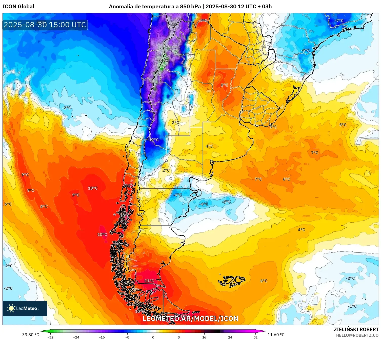 ICON model - Argentina, Anomalía de temperatura a 850 hPa ICON model - Argentina, Anomalía de temperatura a 850 hPa
