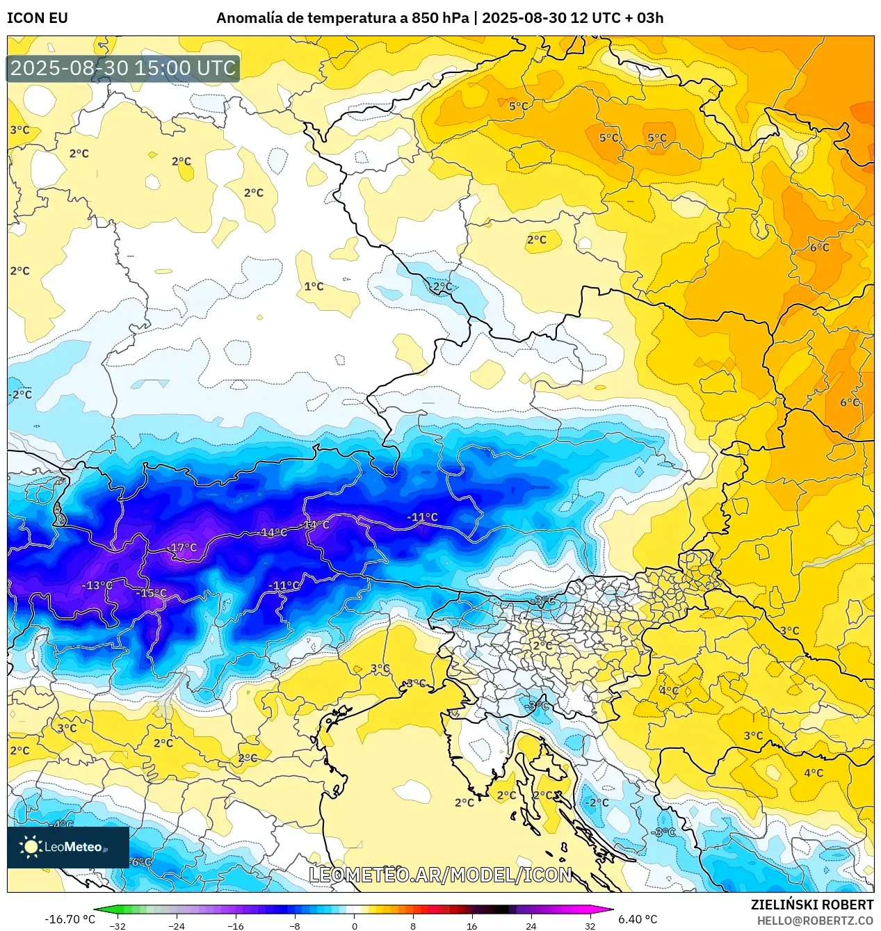 ICON model - Austria, Anomalía de temperatura a 850 hPa ICON model - Austria, Anomalía de temperatura a 850 hPa