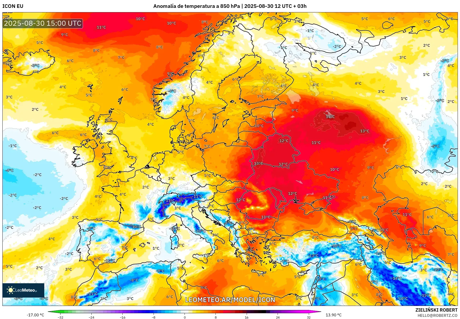 ICON model - Europa, Anomalía de temperatura a 850 hPa ICON model - Europa, Anomalía de temperatura a 850 hPa