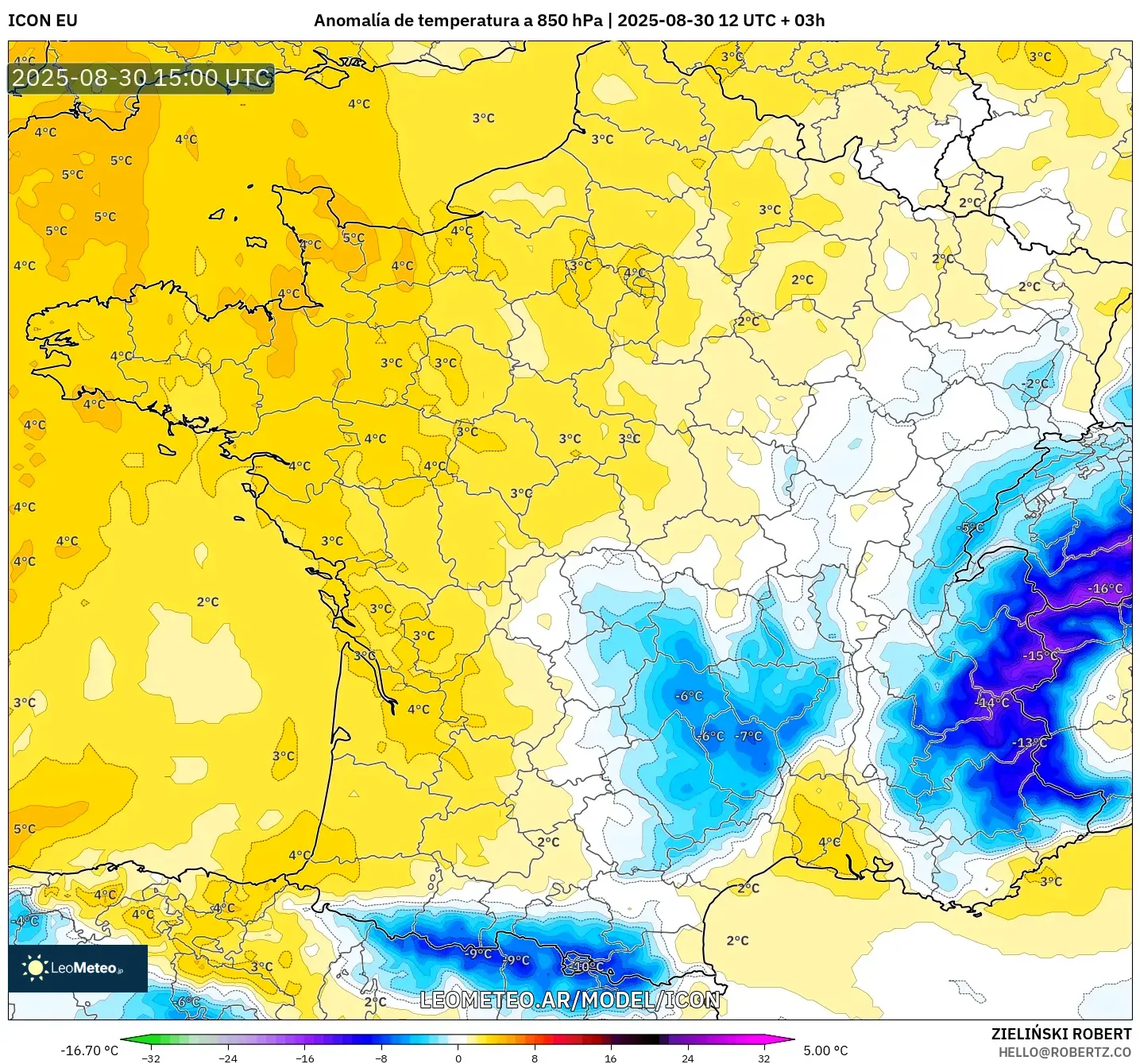 ICON model - Francia, Anomalía de temperatura a 850 hPa ICON model - Francia, Anomalía de temperatura a 850 hPa