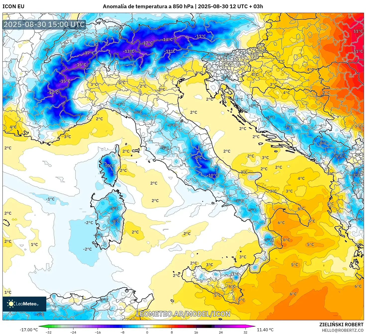 ICON model - Italia, Anomalía de temperatura a 850 hPa ICON model - Italia, Anomalía de temperatura a 850 hPa