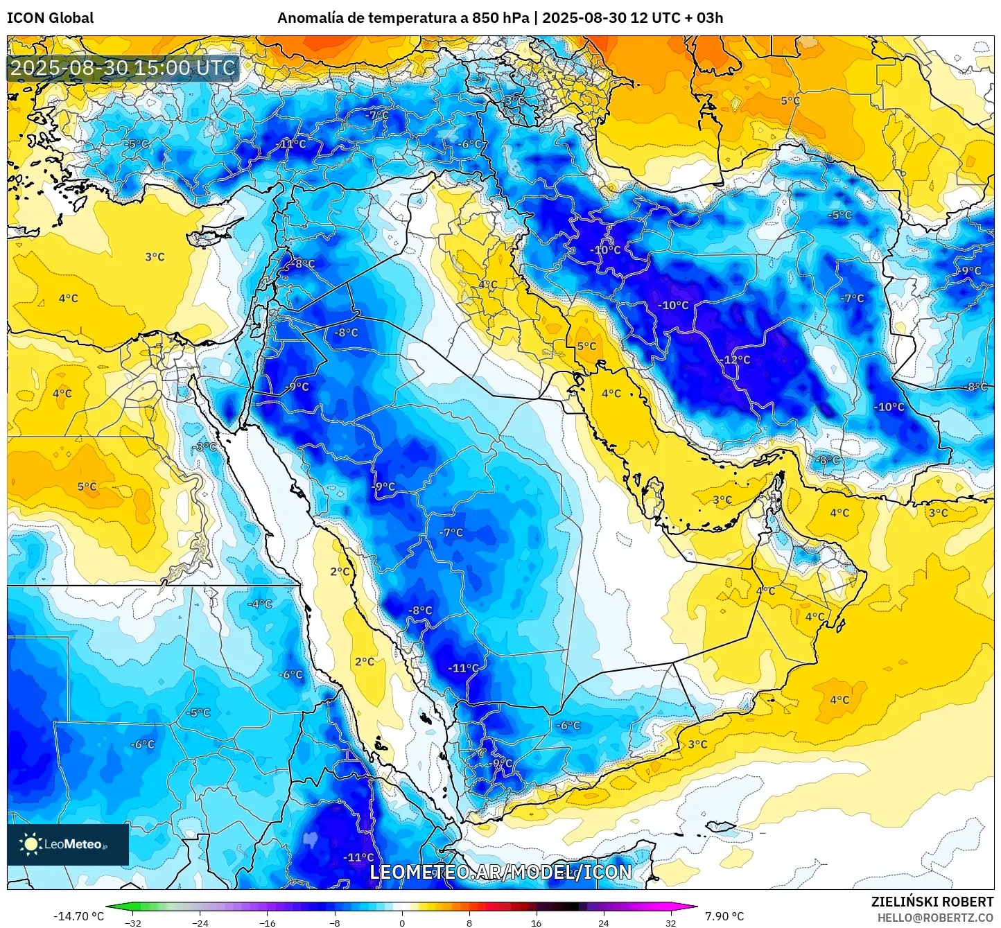 ICON model - Oriente Medio, Anomalía de temperatura a 850 hPa ICON model - Oriente Medio, Anomalía de temperatura a 850 hPa