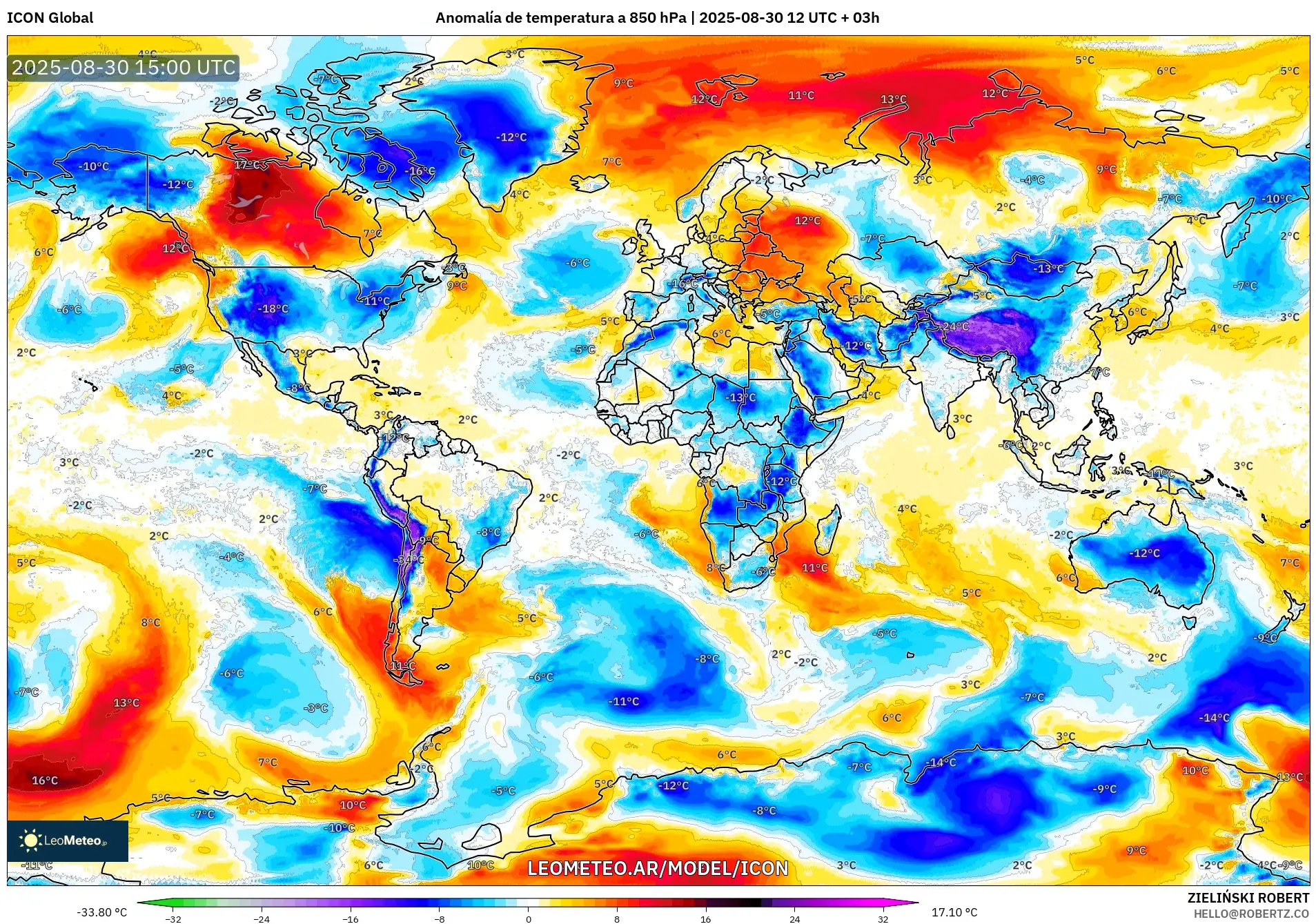 ICON model - Mundo, Anomalía de temperatura a 850 hPa ICON model - Mundo, Anomalía de temperatura a 850 hPa