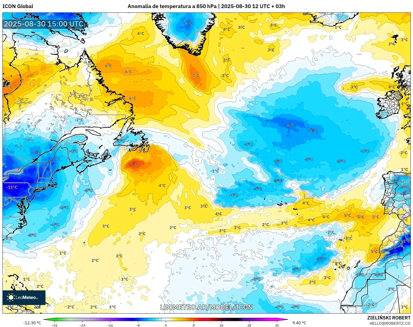 ICON model - Norte Atlántico, Anomalía de temperatura a 850 hPa ICON model - Norte Atlántico, Anomalía de temperatura a 850 hPa