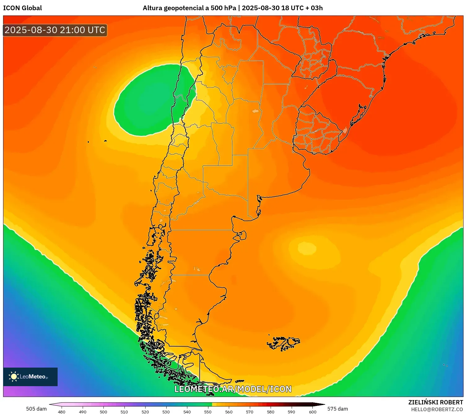 ICON model - Argentina, Altura geopotencial a 500 hPa ICON model - Argentina, Altura geopotencial a 500 hPa